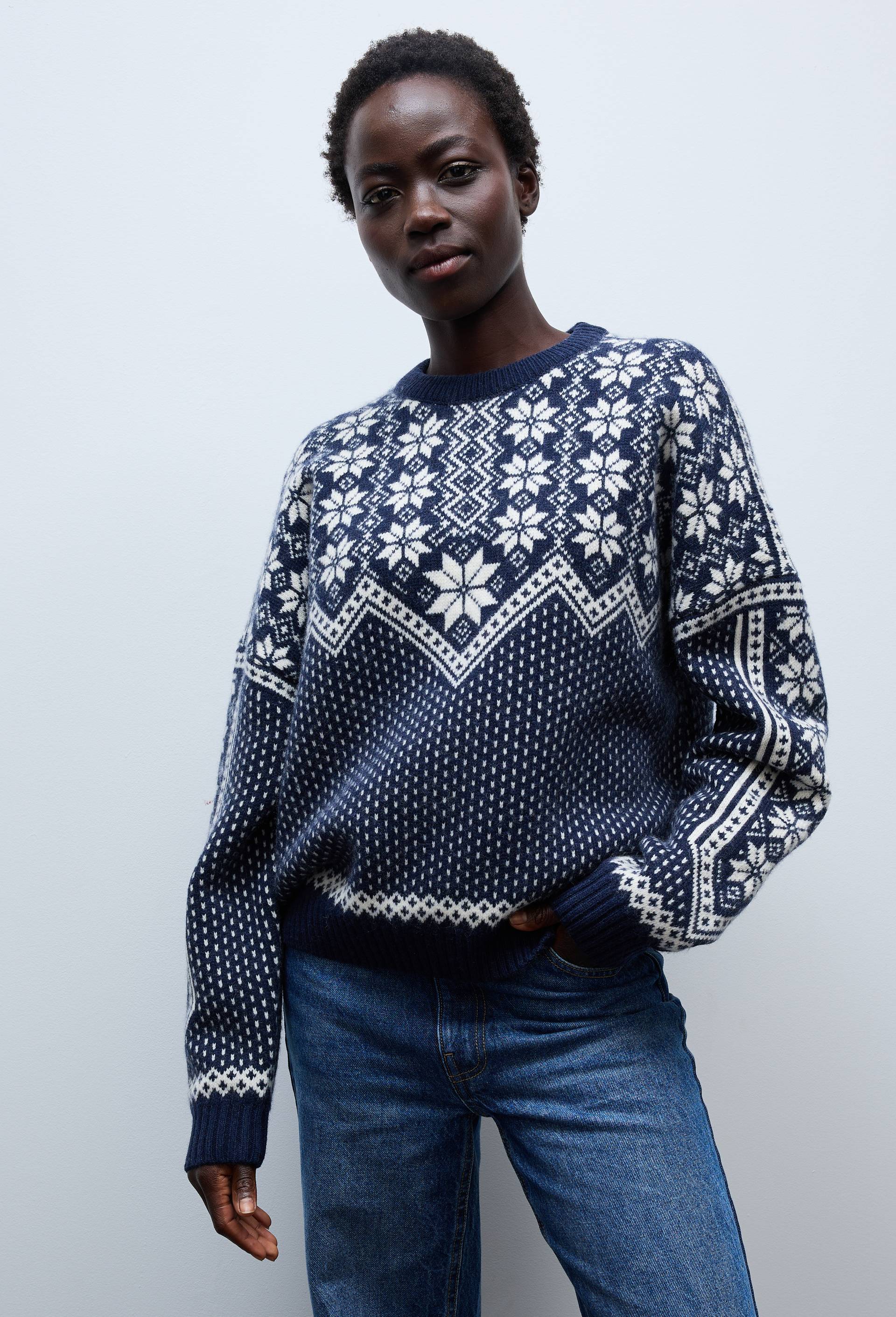 Pull manches longues en jacquard  en laine, Bleu fonc&eacute;, swatch image