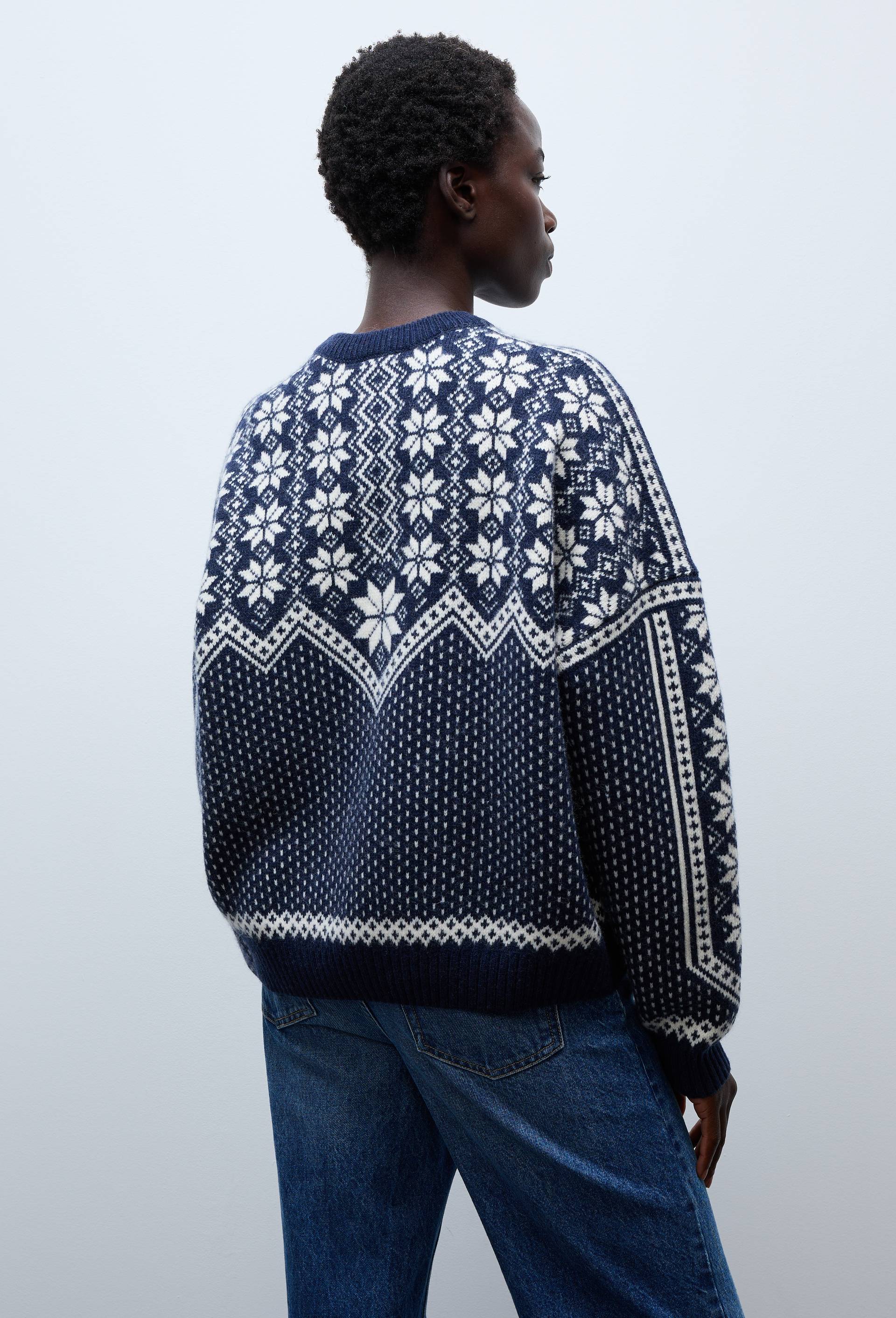 Pull manches longues en jacquard  en laine, Bleu fonc&eacute;, large image number 1