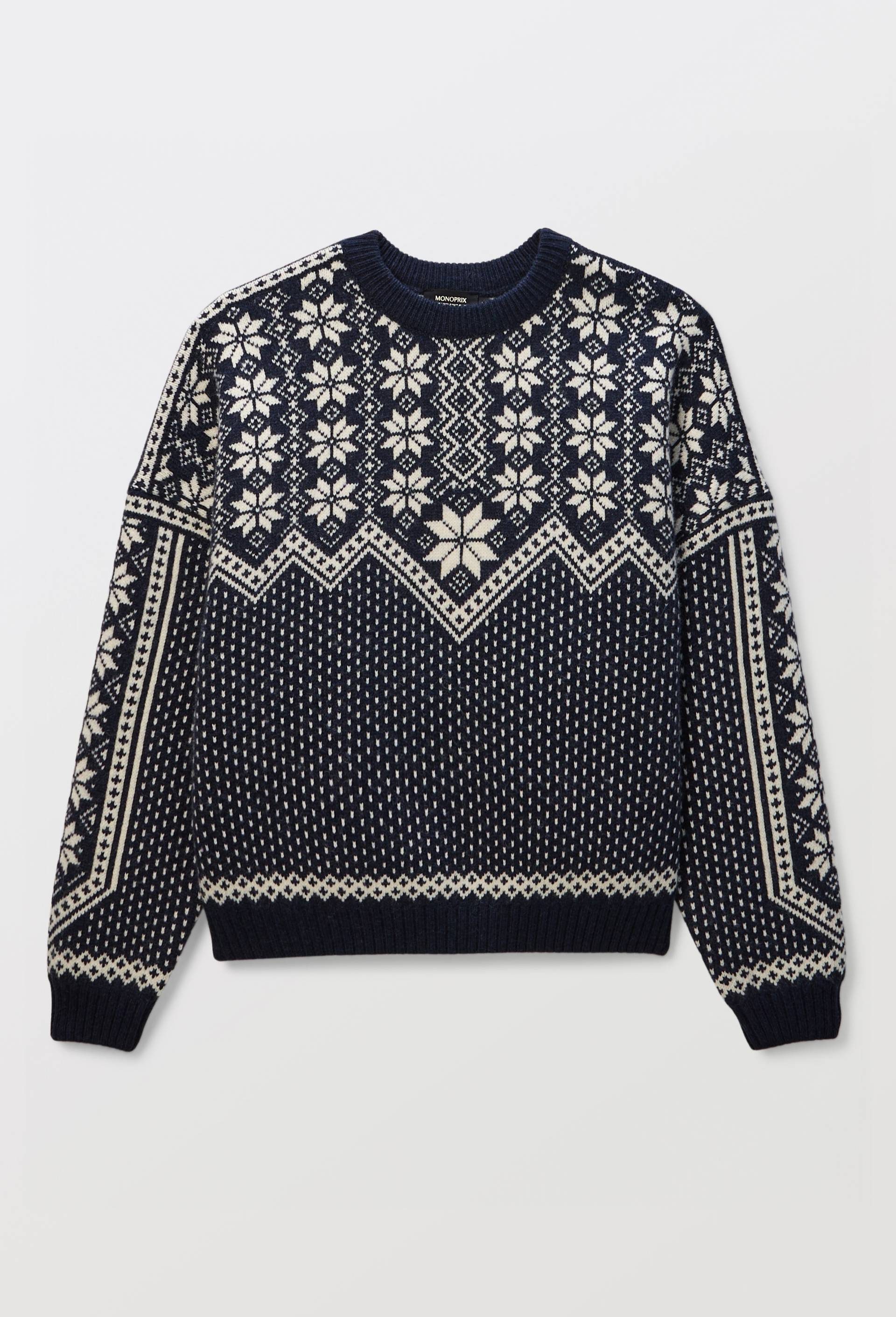 Pull manches longues en jacquard  en laine, Bleu fonc&eacute;, large image number 2