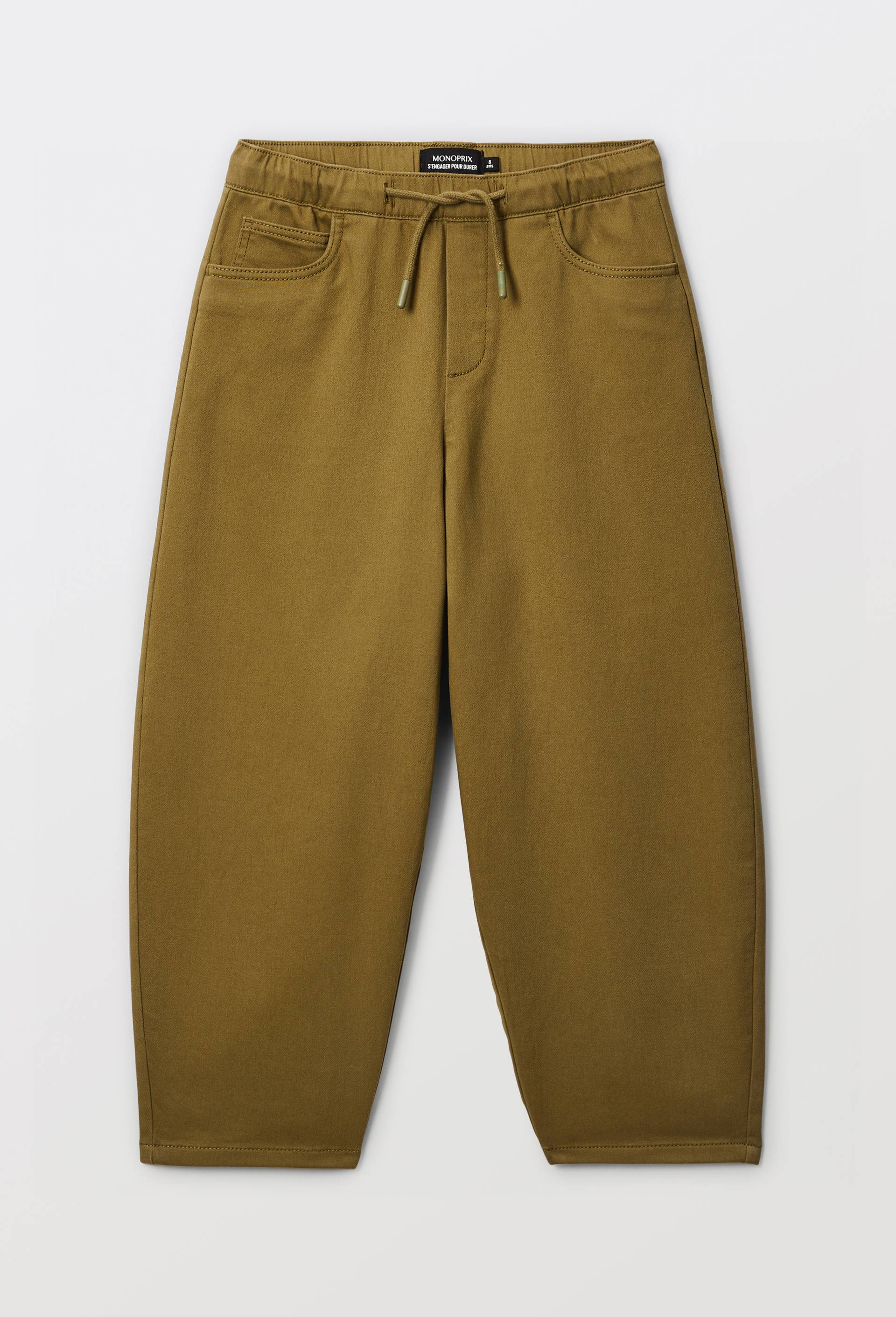 Pantalon droit &eacute;lastiqu&eacute; uni en coton, Vert fonc&eacute;, large image number 1.0
