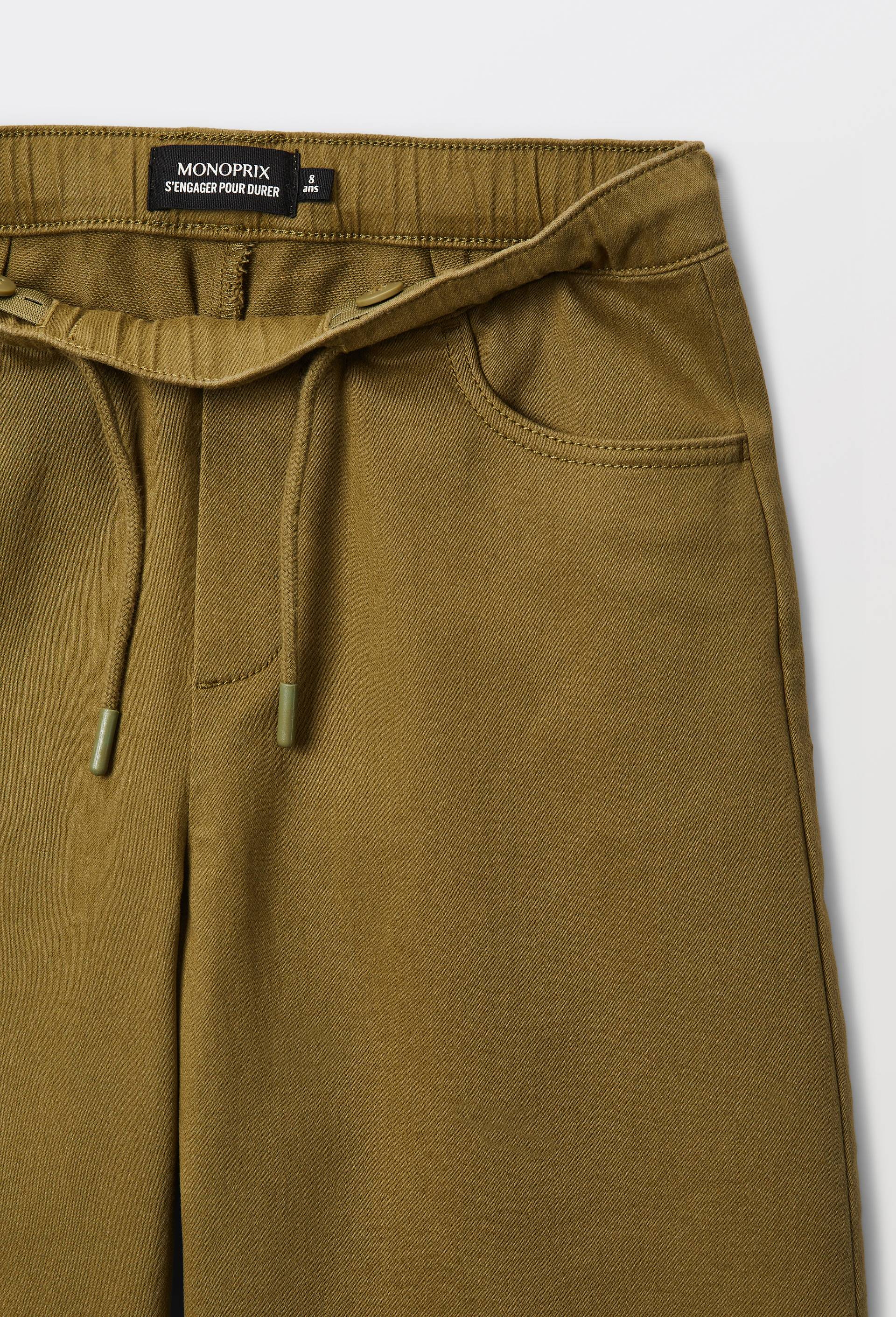 Pantalon droit &eacute;lastiqu&eacute; uni en coton, Vert fonc&eacute;, large image number 3