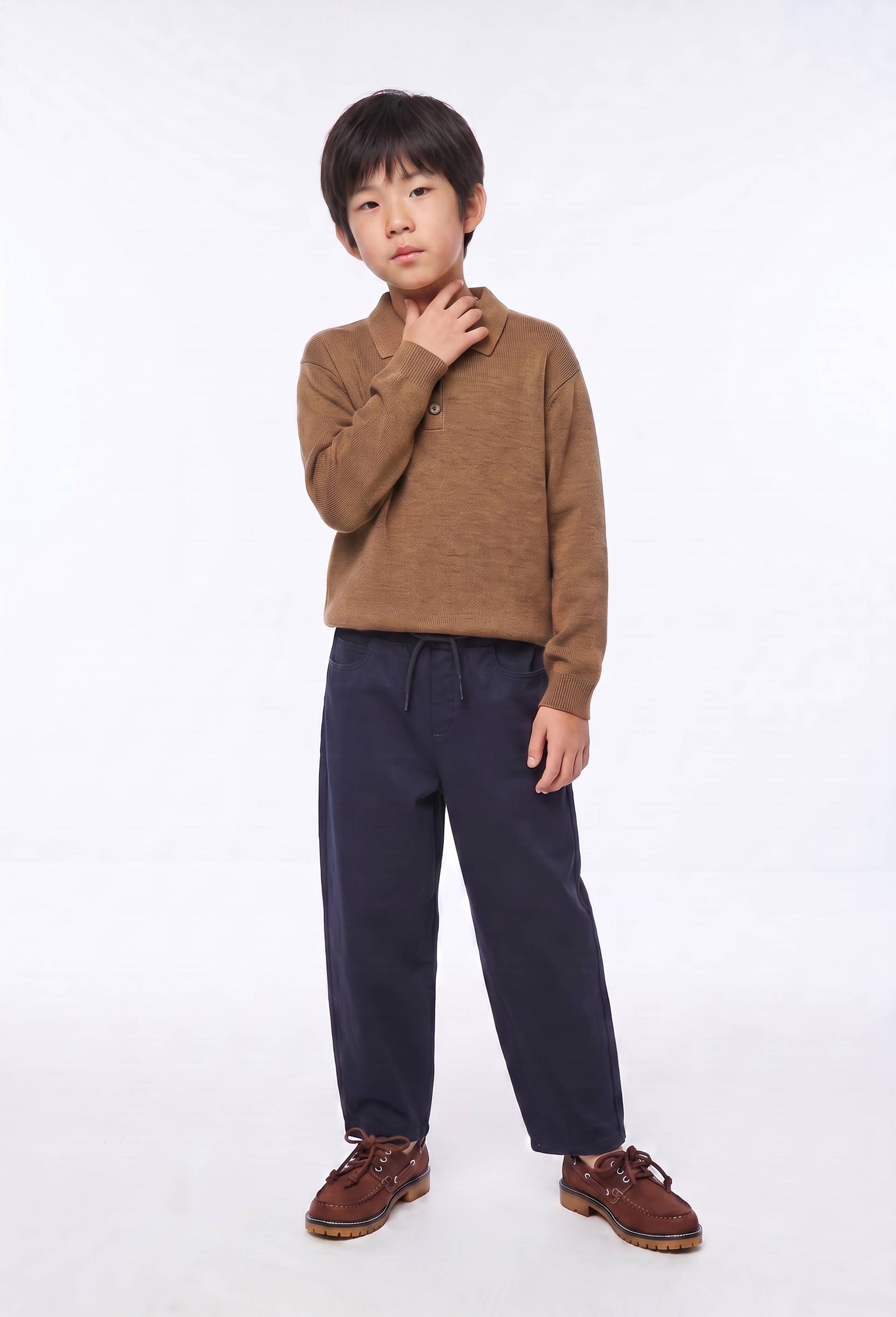 Pantalon droit &eacute;lastiqu&eacute; uni en coton, Bleu fonc&eacute;, swatch image