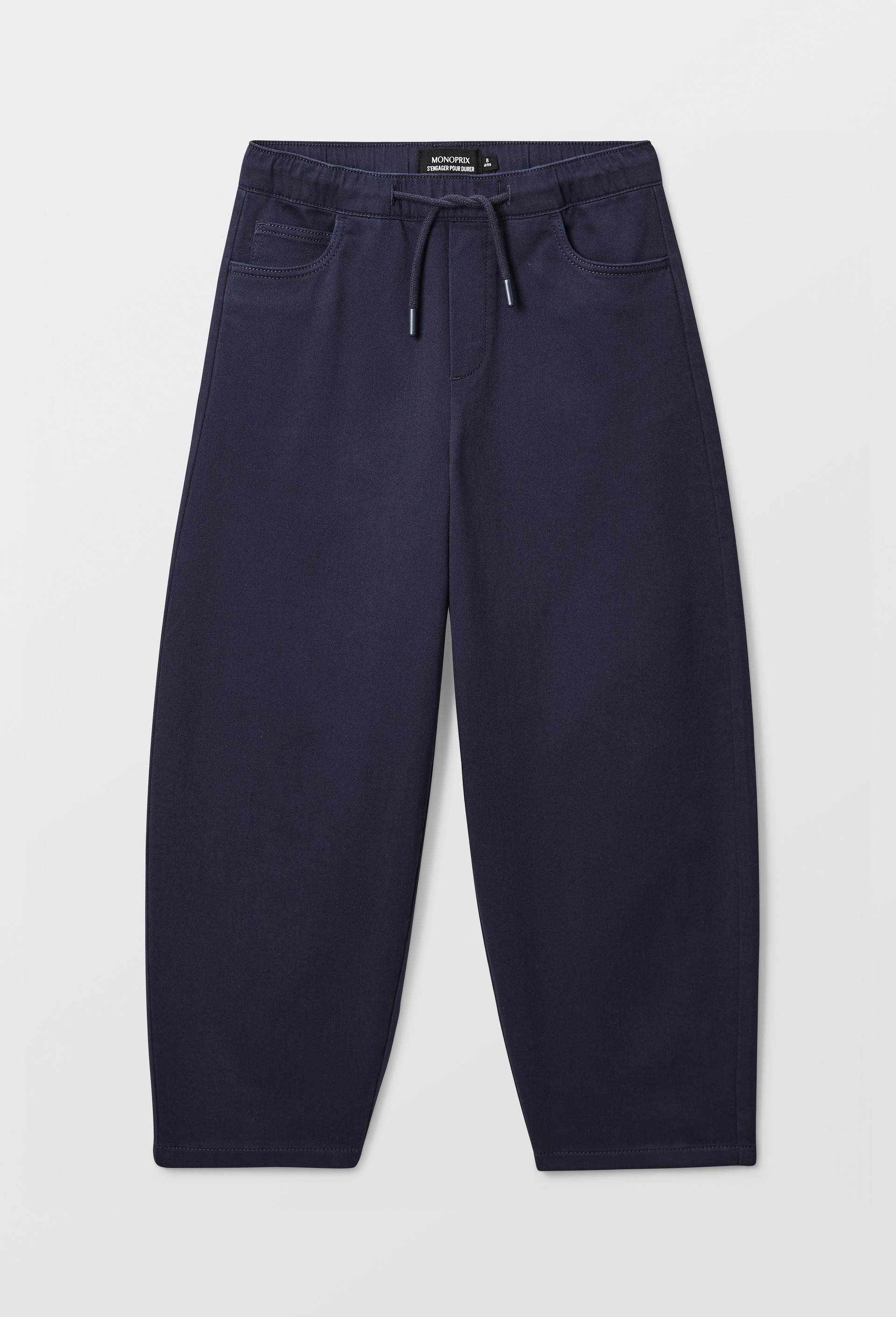 Pantalon droit &eacute;lastiqu&eacute; uni en coton, Bleu fonc&eacute;, large image number 1.0