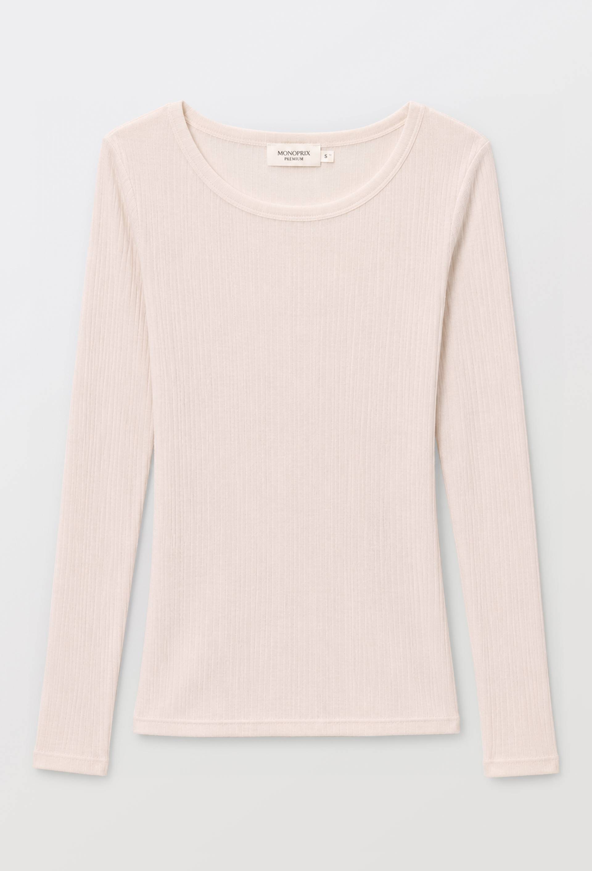 T-shirt manches longues en laine m&eacute;rinos et soie, Rose clair, large image number 3.0