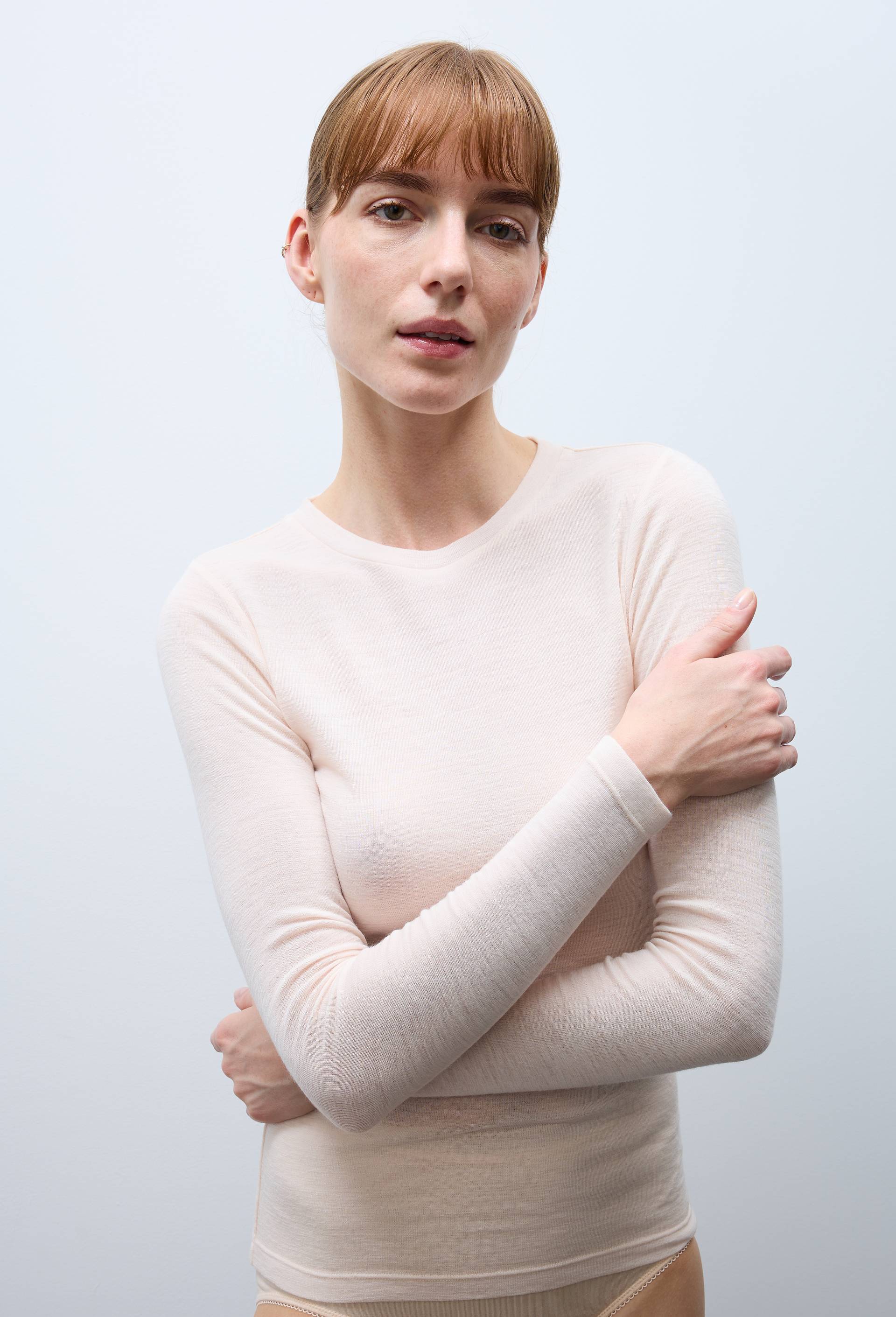 T-shirt manches longues en laine m&eacute;rinos, Rose clair, swatch image