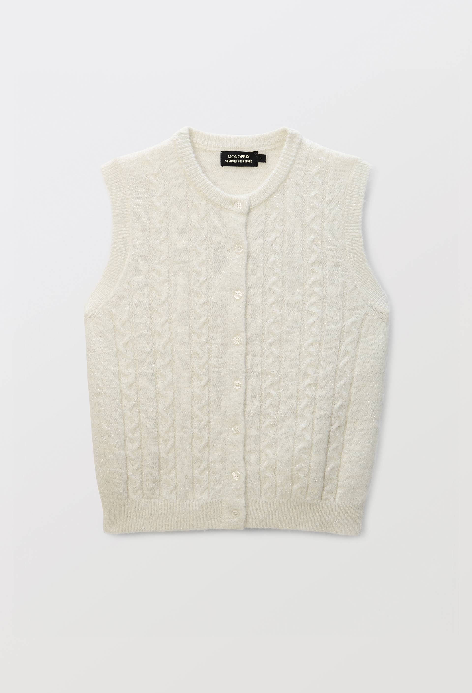 Cardigan sans manches torsad&eacute; avec fibres m&eacute;talliques, Ecru, large image number 2