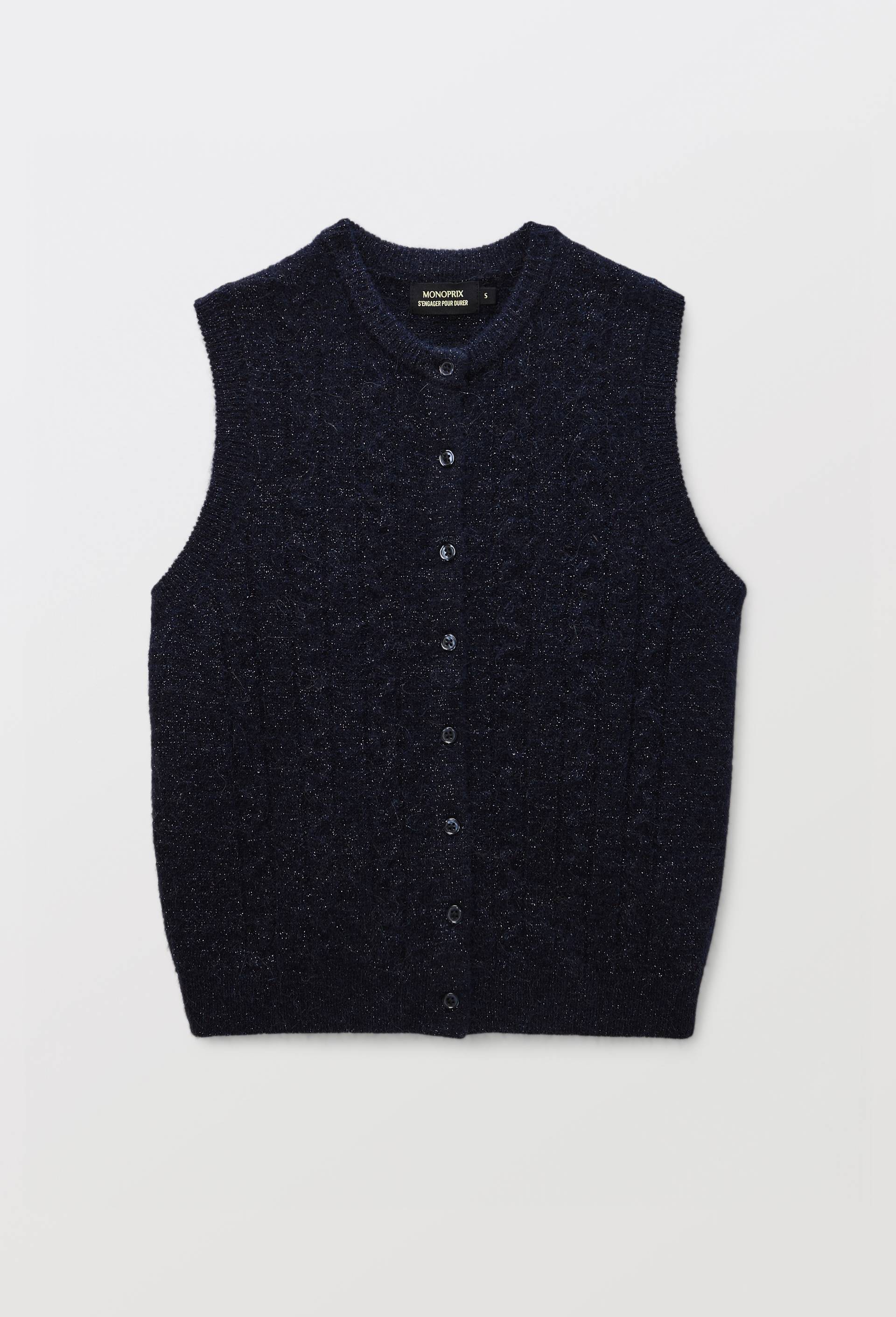 Cardigan sans manches torsad&eacute; avec fibres m&eacute;talliques, Bleu fonc&eacute;, large image number 3