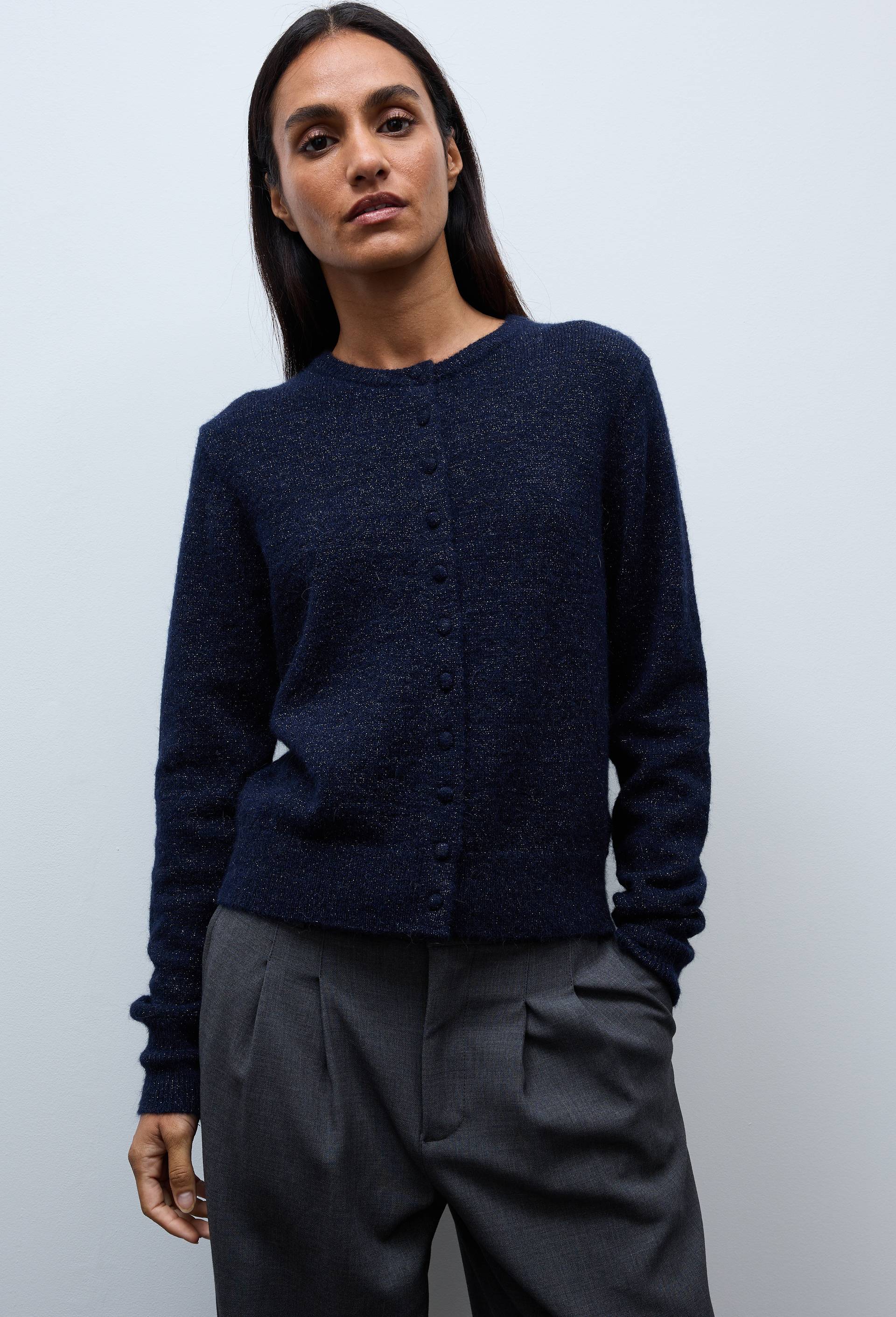 Cardigan manches longues &agrave; fibres m&eacute;talliques, Bleu fonc&eacute;, large image number 0