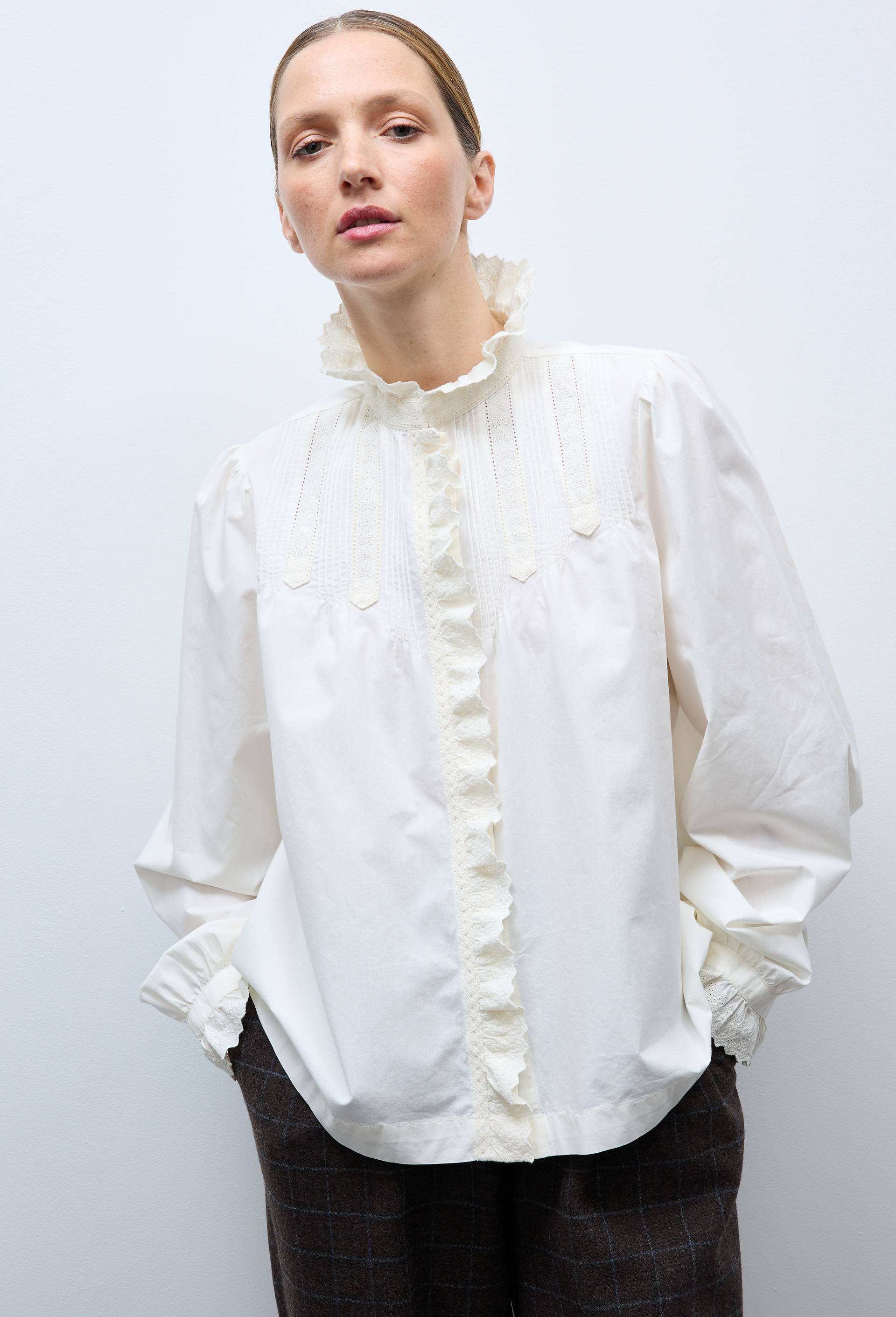 Chemise manches longues brod&eacute;e en coton, Ecru, large image number 0.0