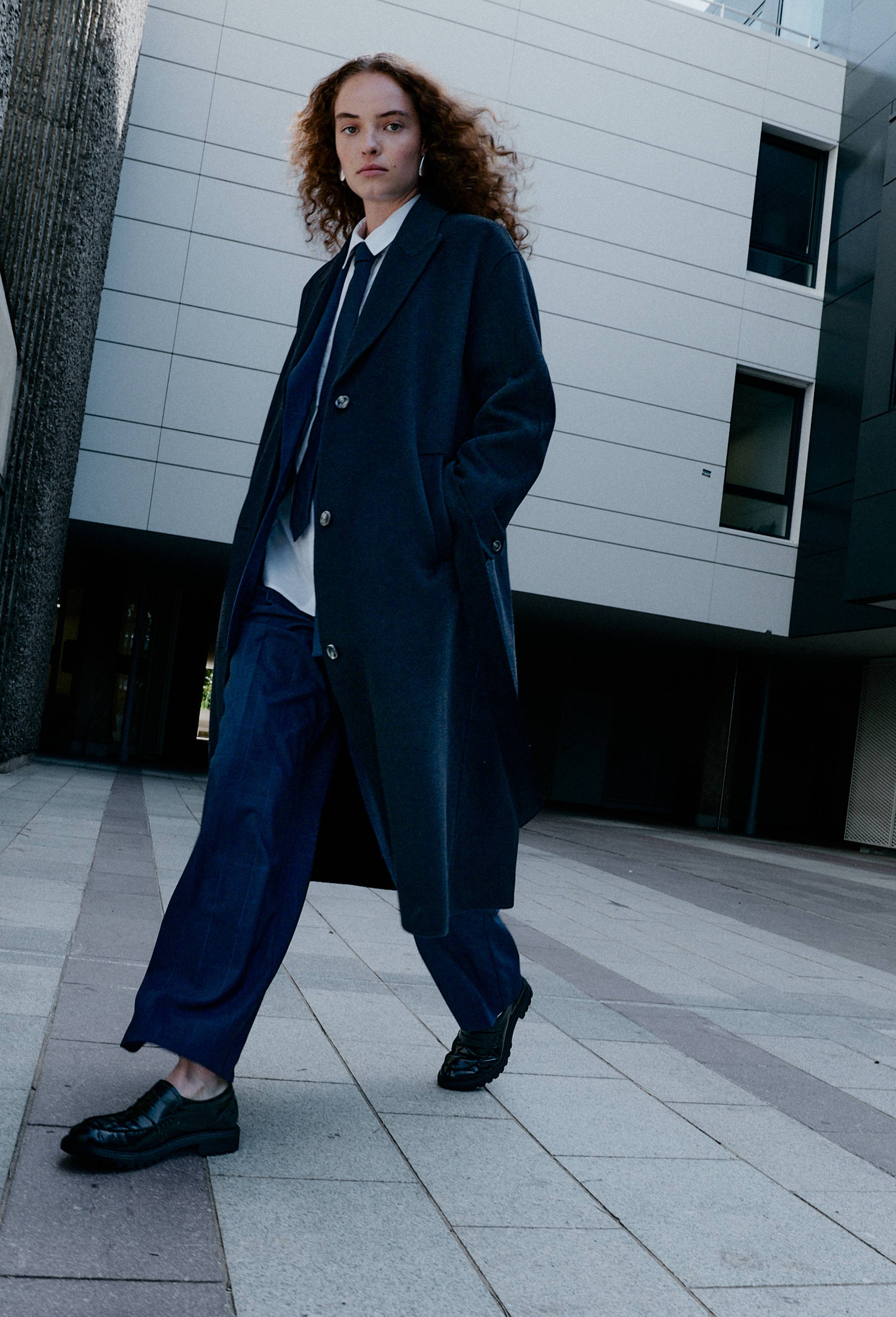 Manteau double face ceintur&eacute; contenant de la laine, Bleu fonc&eacute;, large image number 0