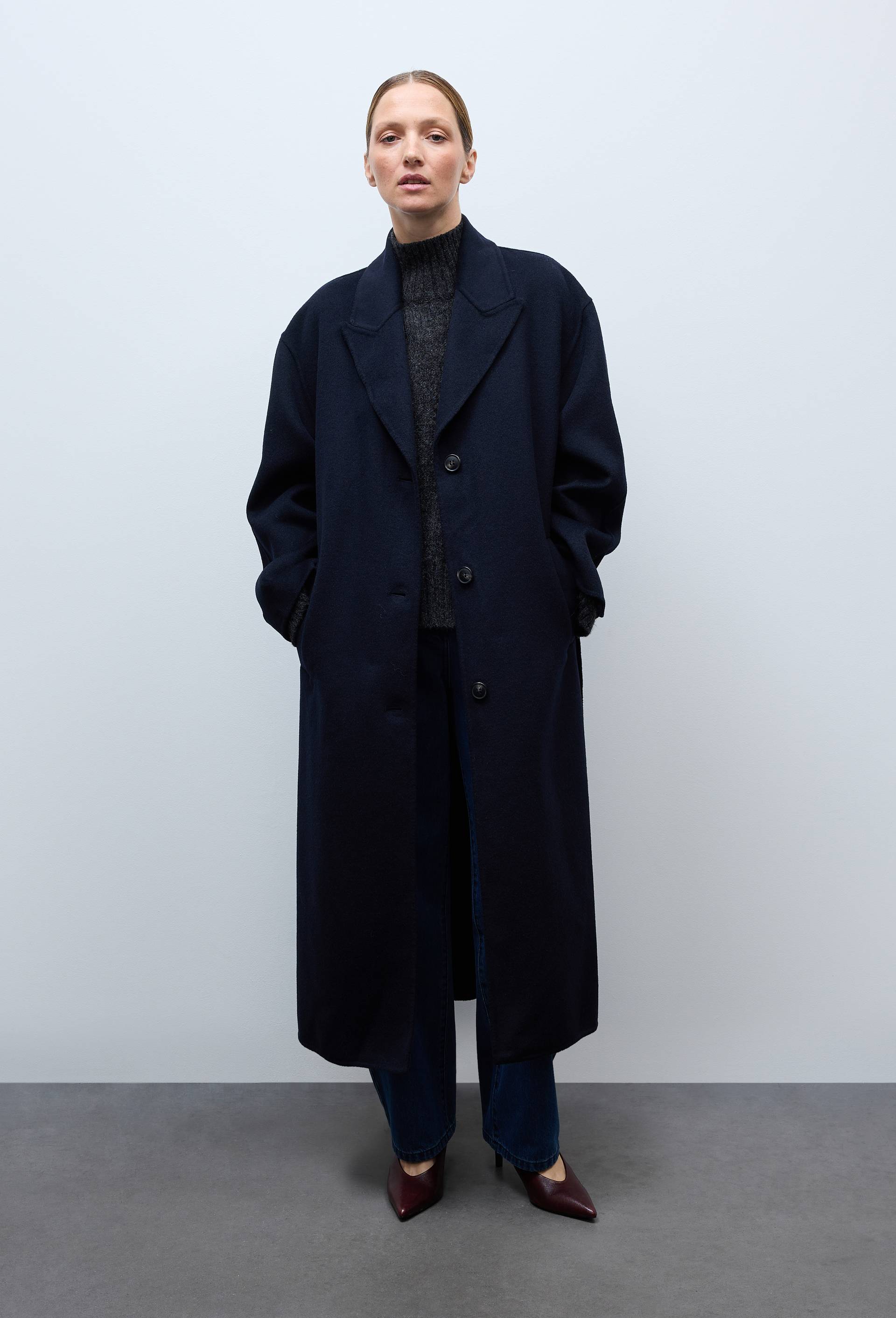 Manteau double face ceintur&eacute; contenant de la laine, Bleu fonc&eacute;, large image number 2.0
