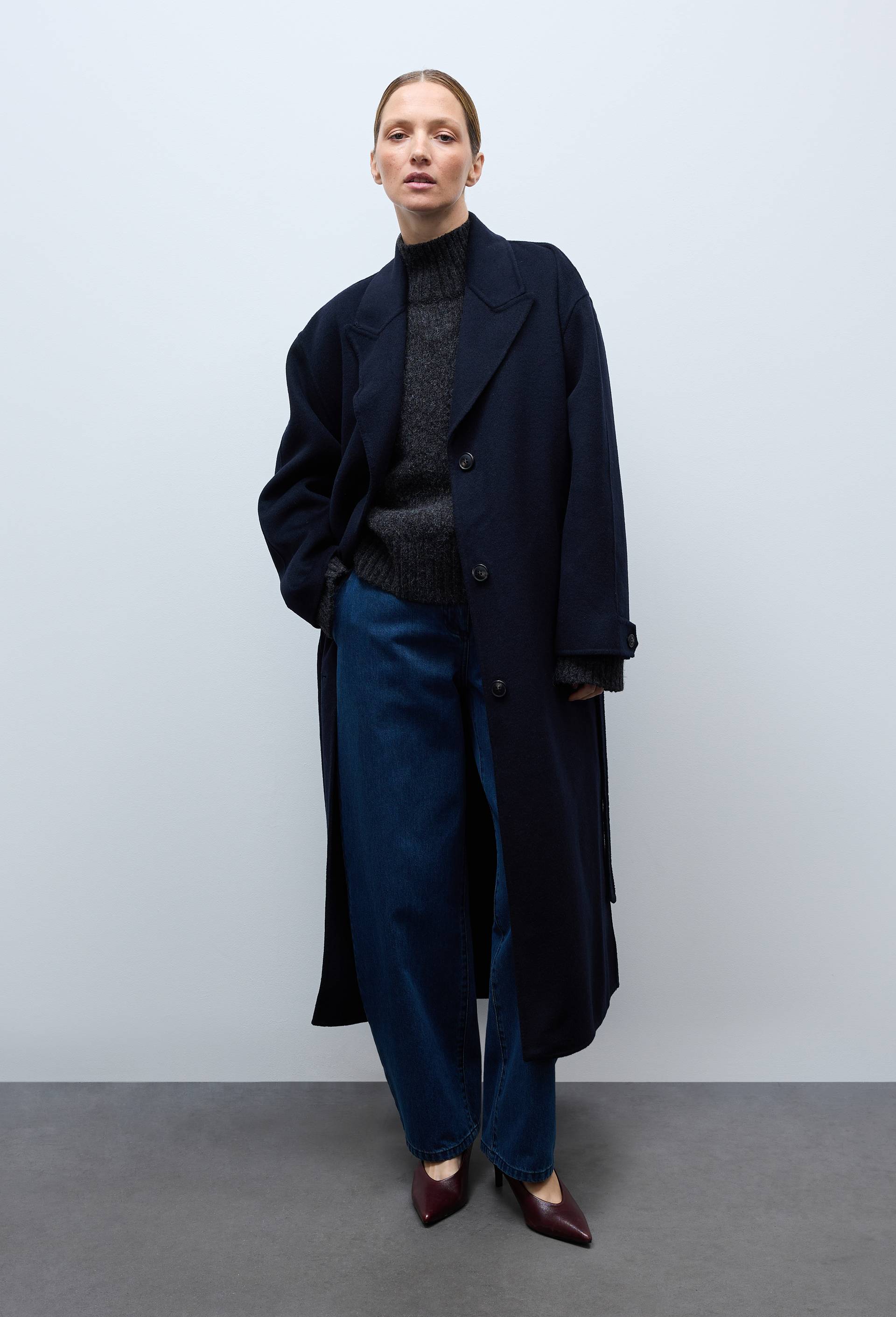 Manteau double face ceintur&eacute; contenant de la laine, Bleu fonc&eacute;, large image number 3