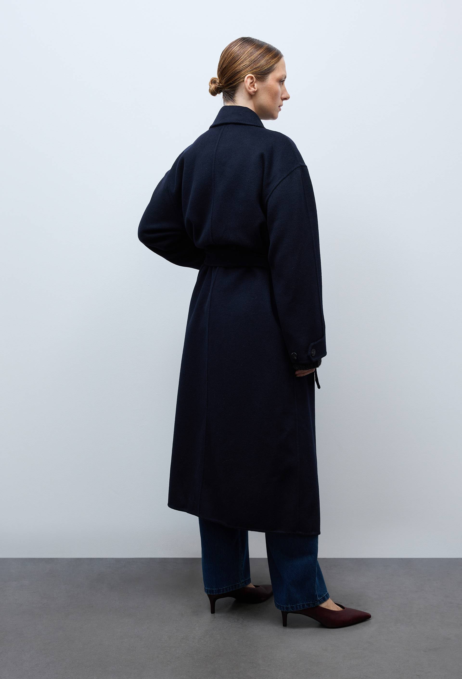 Manteau double face ceintur&eacute; contenant de la laine, Bleu fonc&eacute;, large image number 4.0