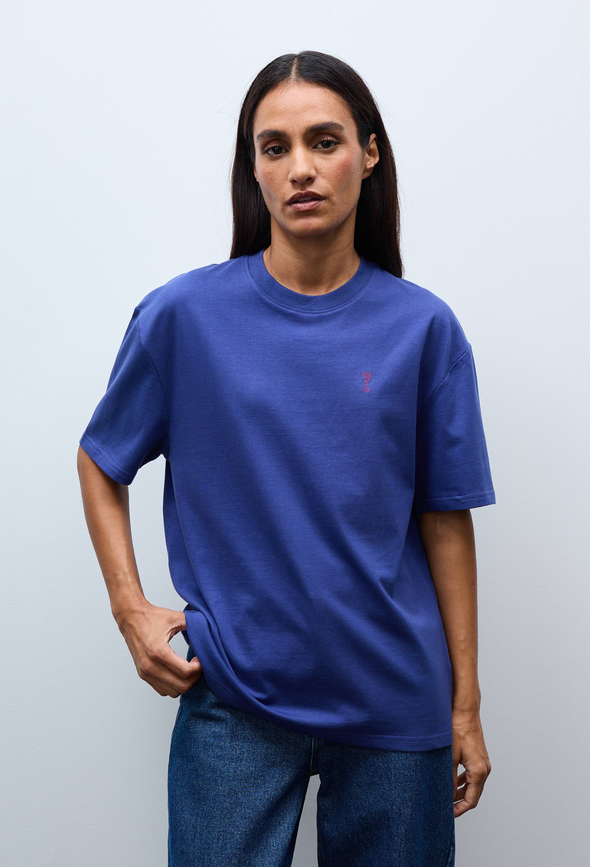 T-shirt manches courtes avec broderie et imprim&eacute; en coton BIO GOTS, Bleu fonc&eacute;, large image number 0.0