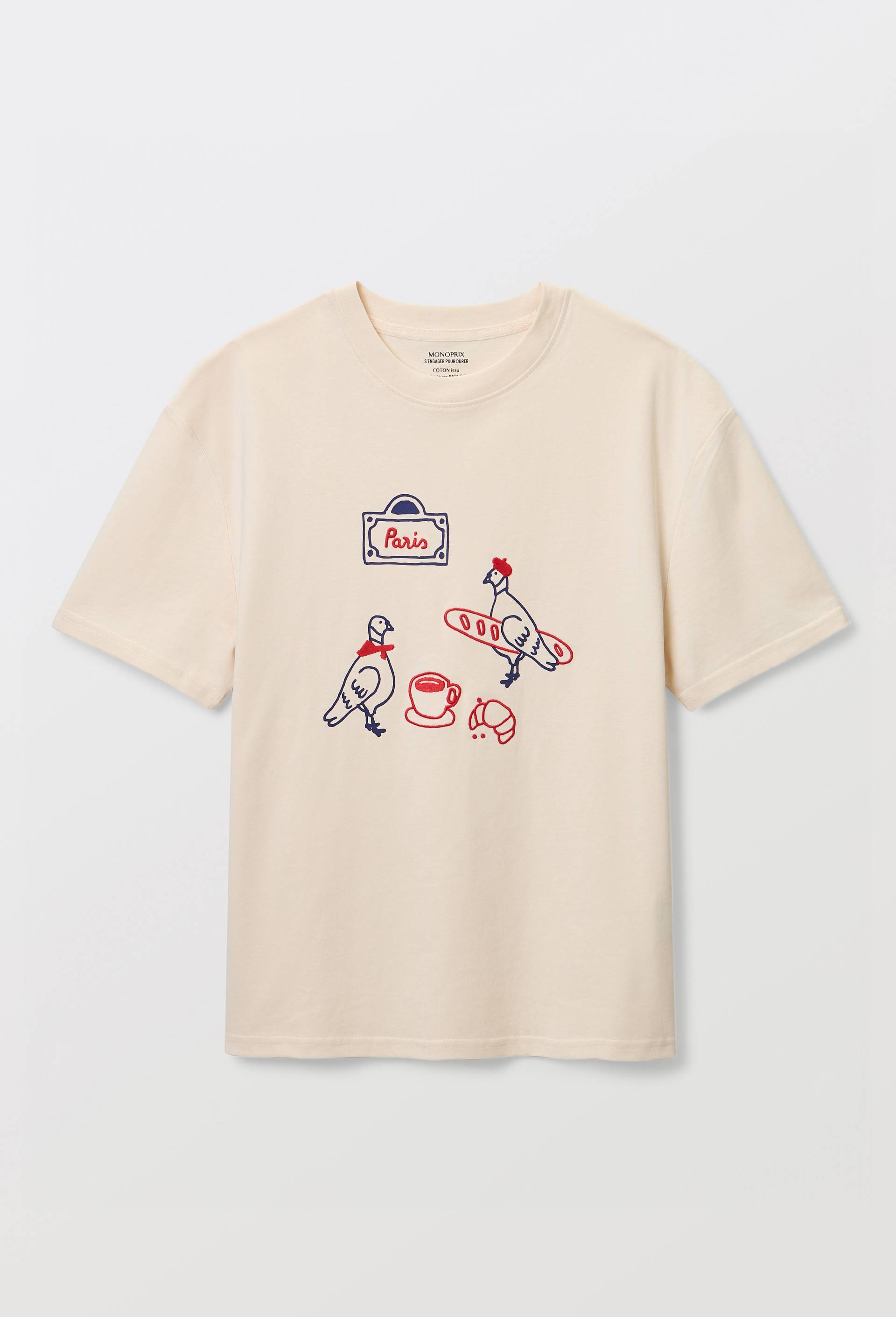 T-shirt manches courtes avec broderie et imprim&eacute; en coton BIO GOTS, Beige clair, large image number 2