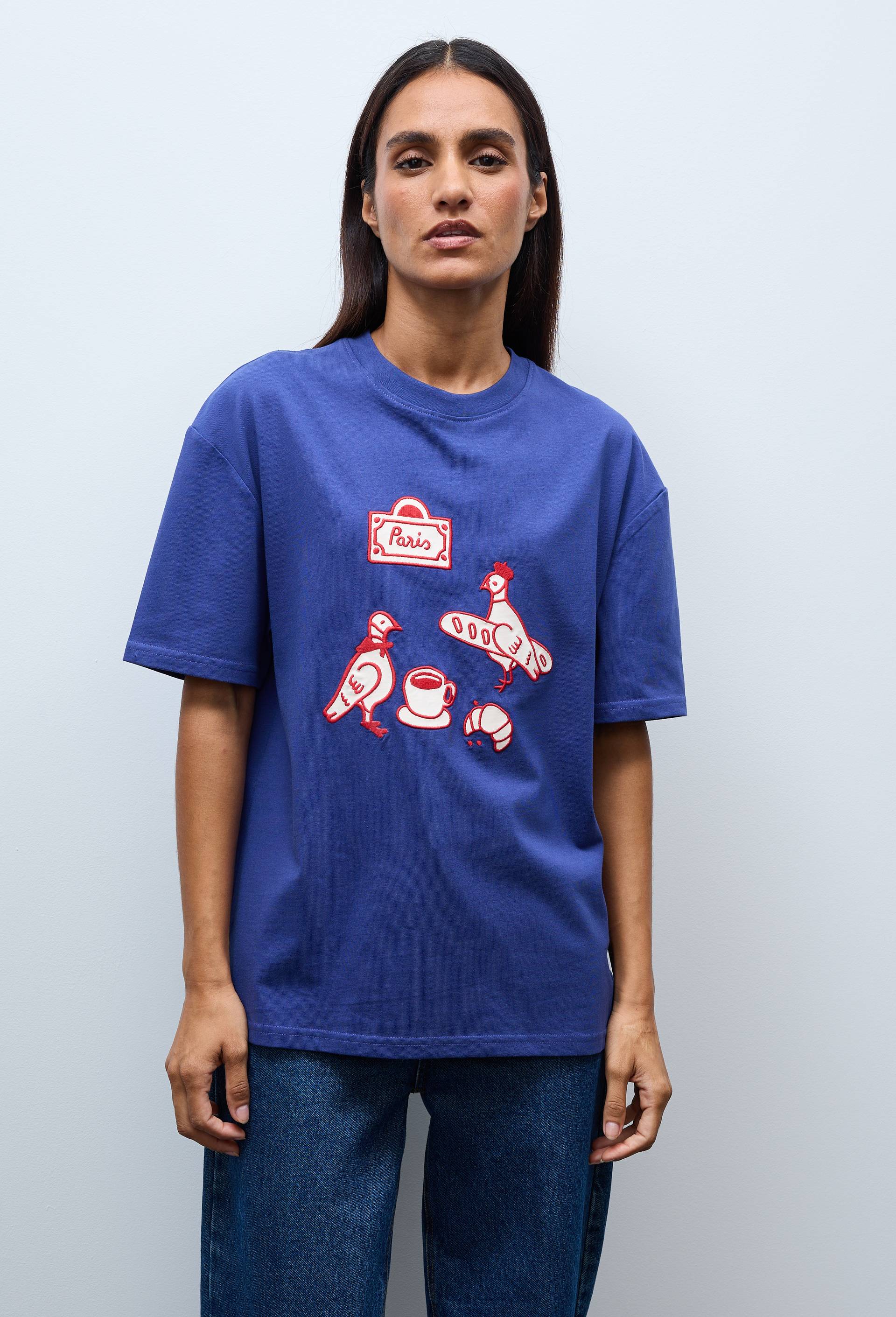 T-shirt manches courtes avec broderie et imprim&eacute; en coton BIO GOTS, Bleu fonc&eacute;, swatch image