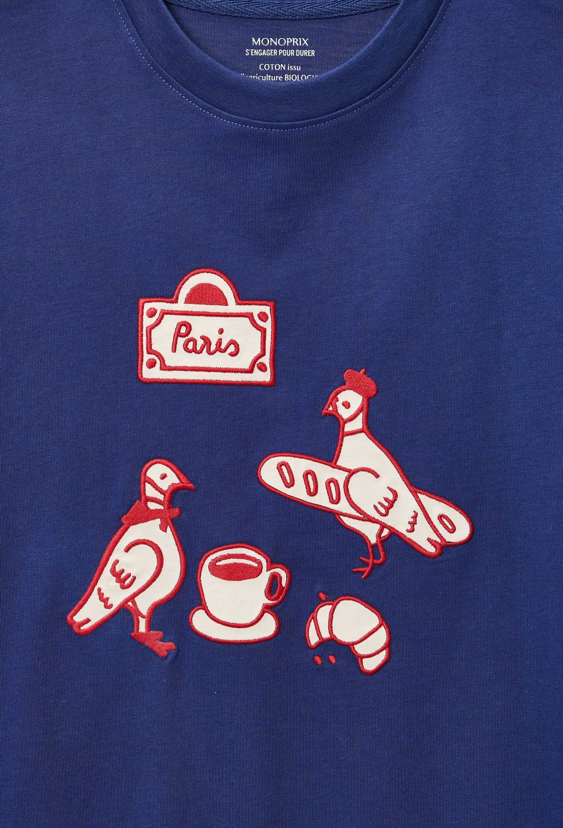 T-shirt manches courtes avec broderie et imprim&eacute; en coton BIO GOTS, Bleu fonc&eacute;, large image number 4