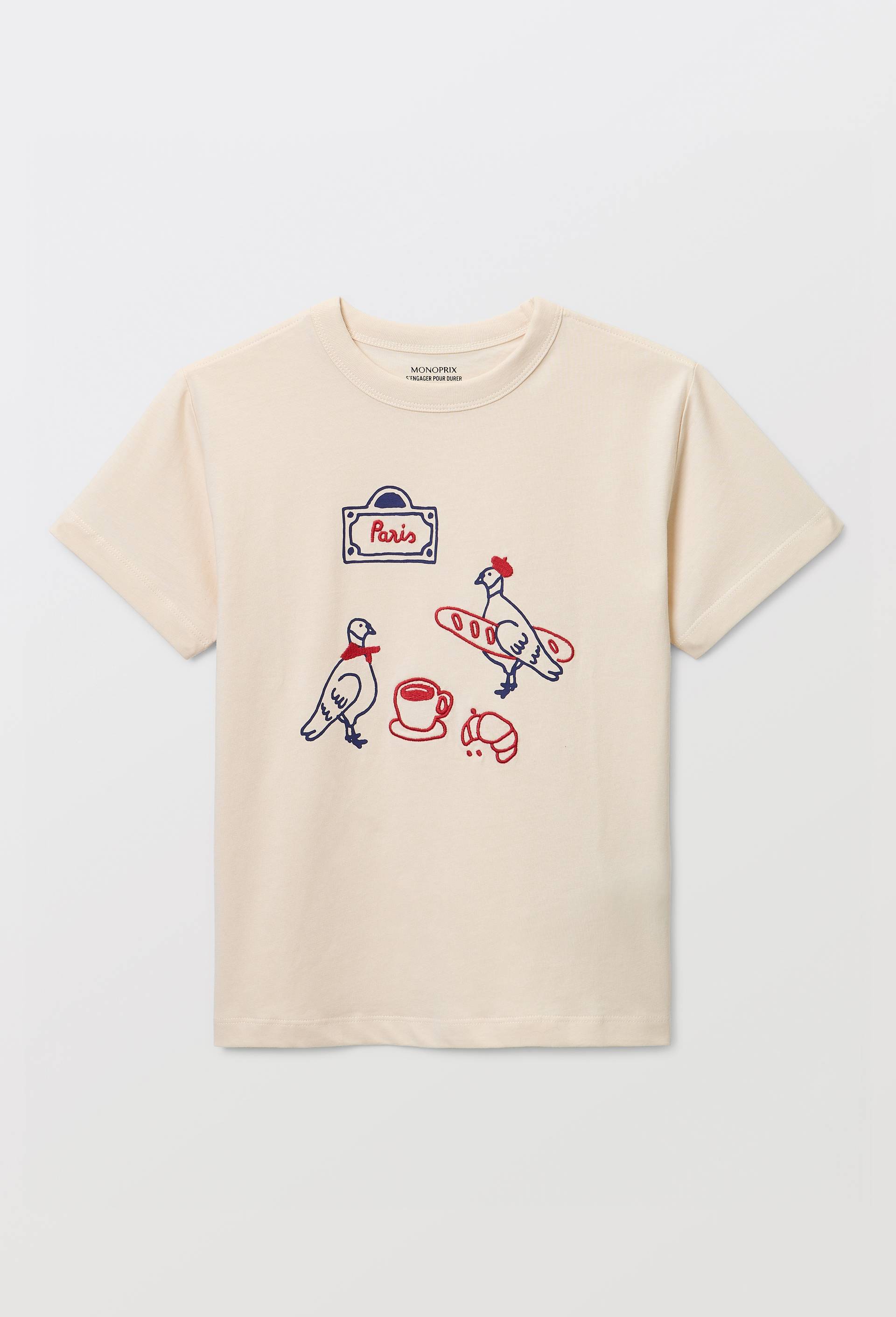 T-shirt manches courtes avec broderie et imprim&eacute; en coton BIO GOTS, Beige clair, large image number 0