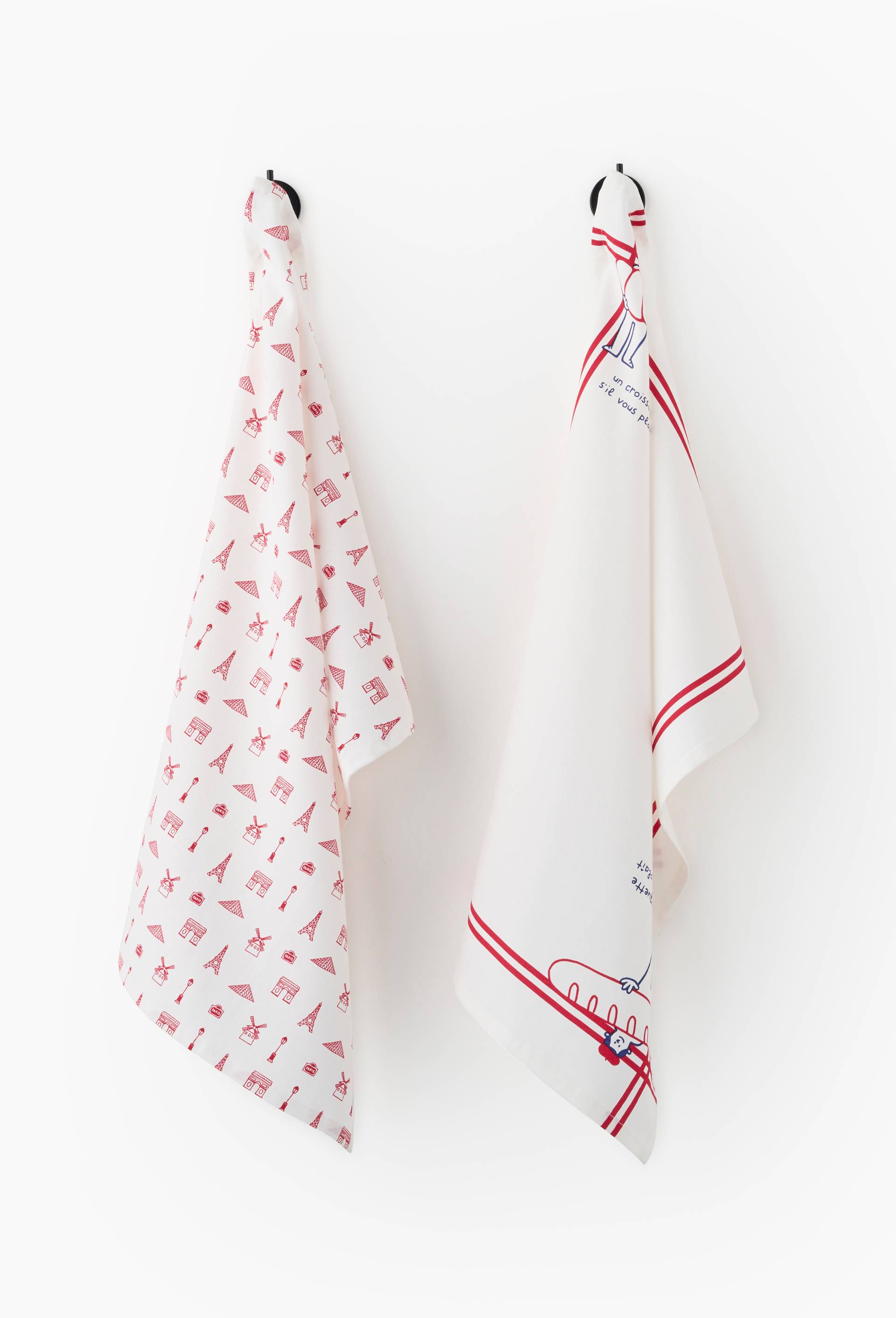 Lot de 2 Torchons imprim&eacute;s Monsieur Baguette, 50x70 cm, en coton, Multicolore, large image number 0