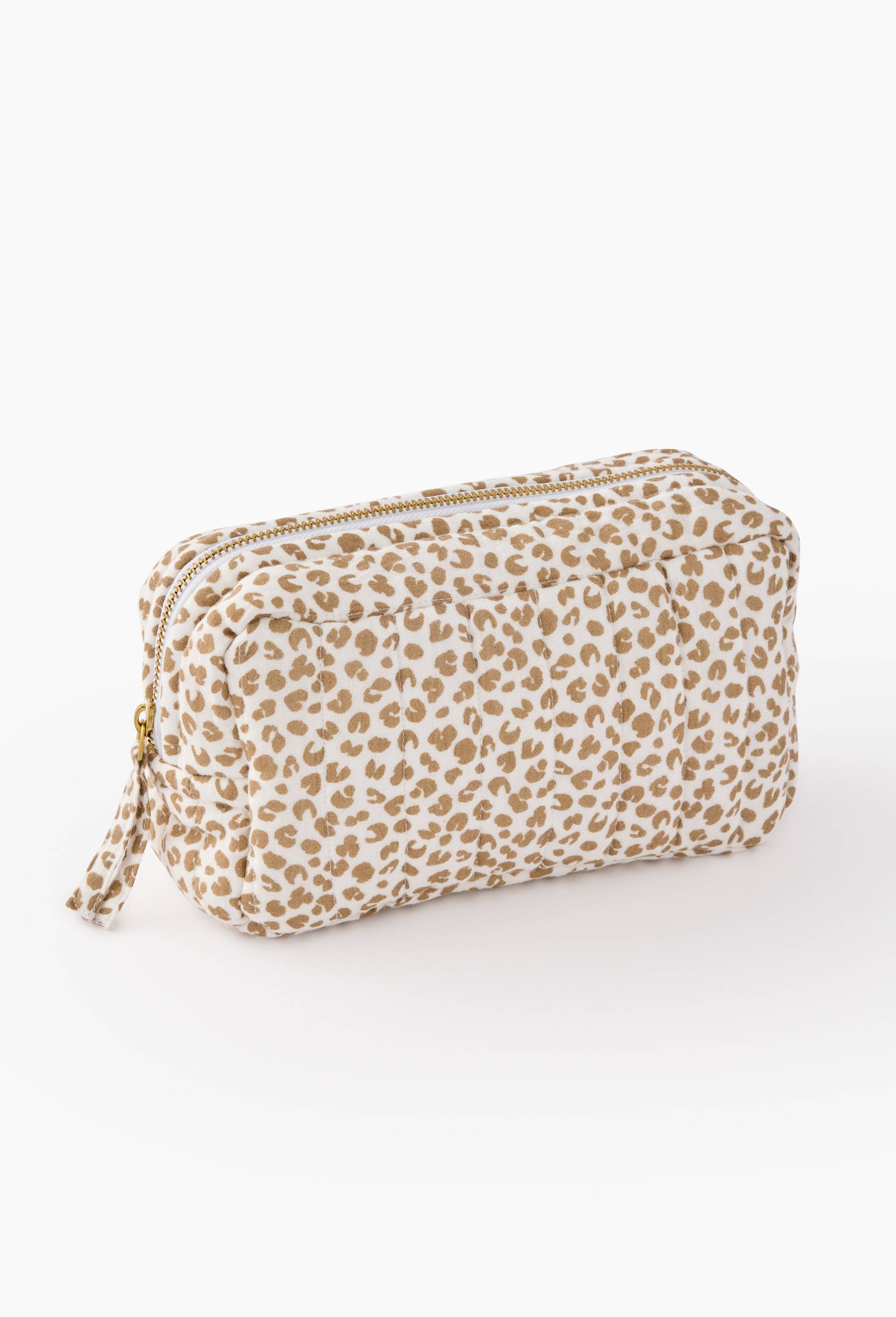 Trousse imprim&eacute;e quilt&eacute;e bicolore leopard, 20x8x11 cm, en coton bio, Ecru, large image number 0.0