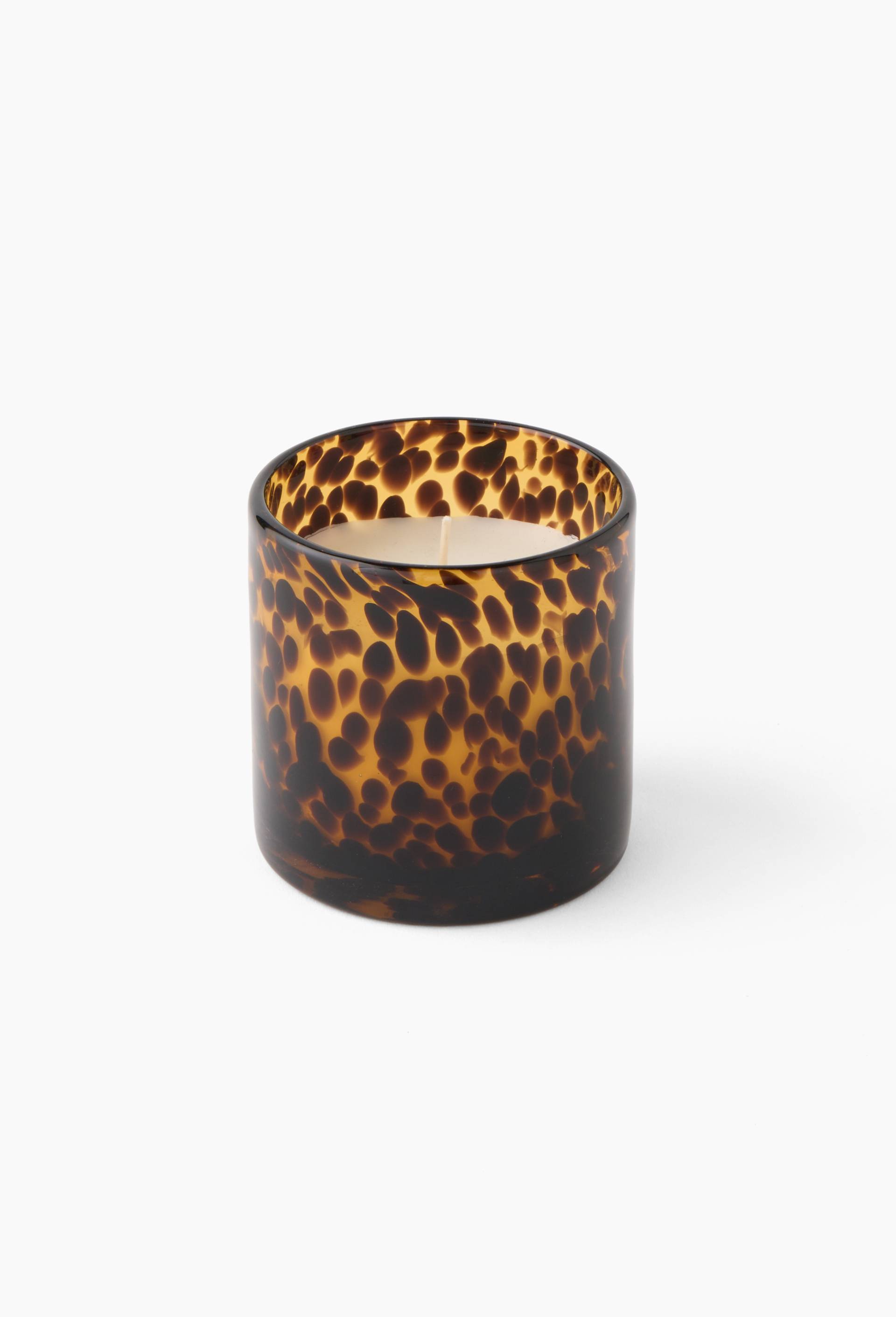Bougie dans verre l&eacute;opard, D8xH8cm, en verre et cire, Jaune fonc&eacute;, large image number 0