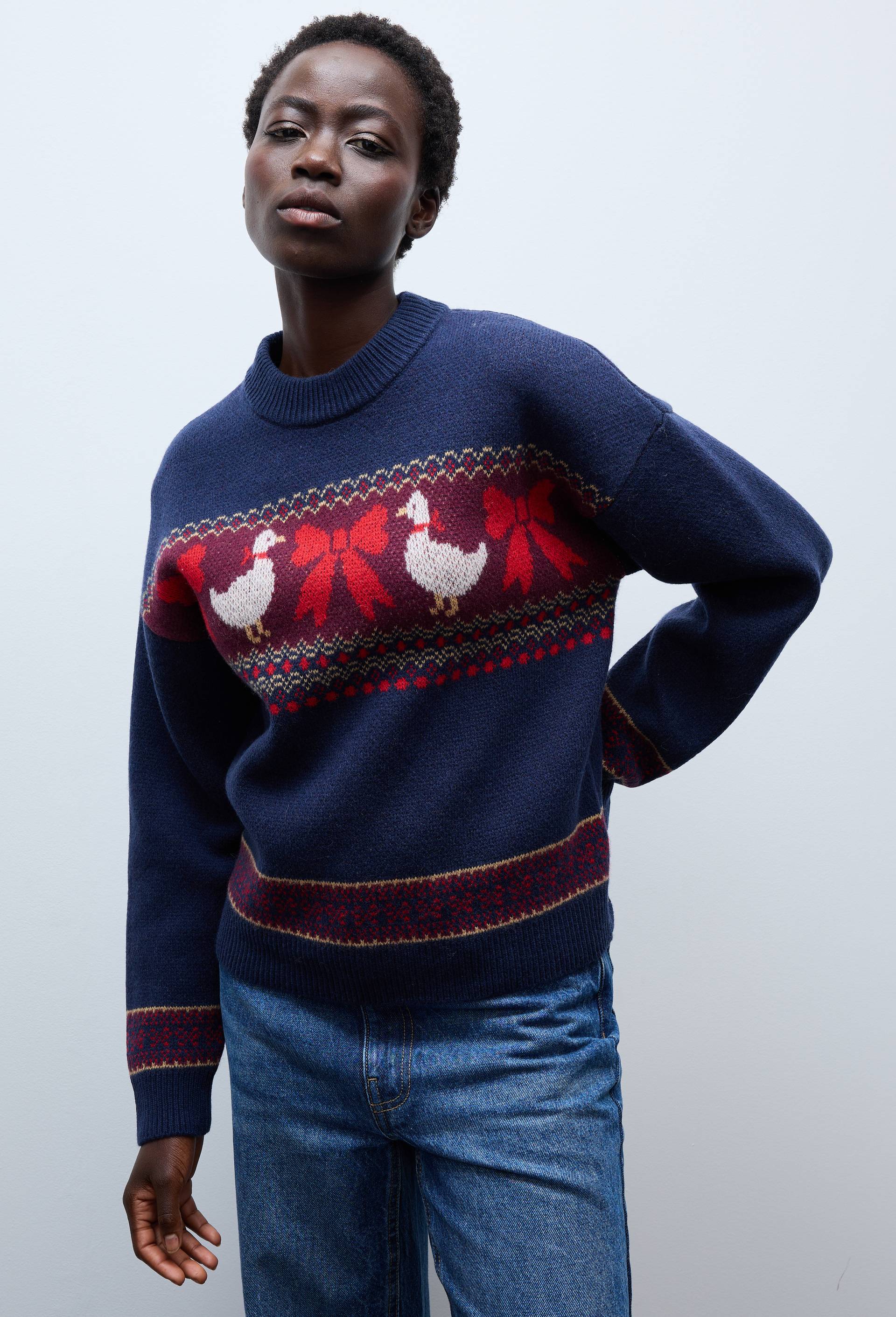 Pull manches longues en jacquard en laine, Bleu fonc&eacute;, large image number 0