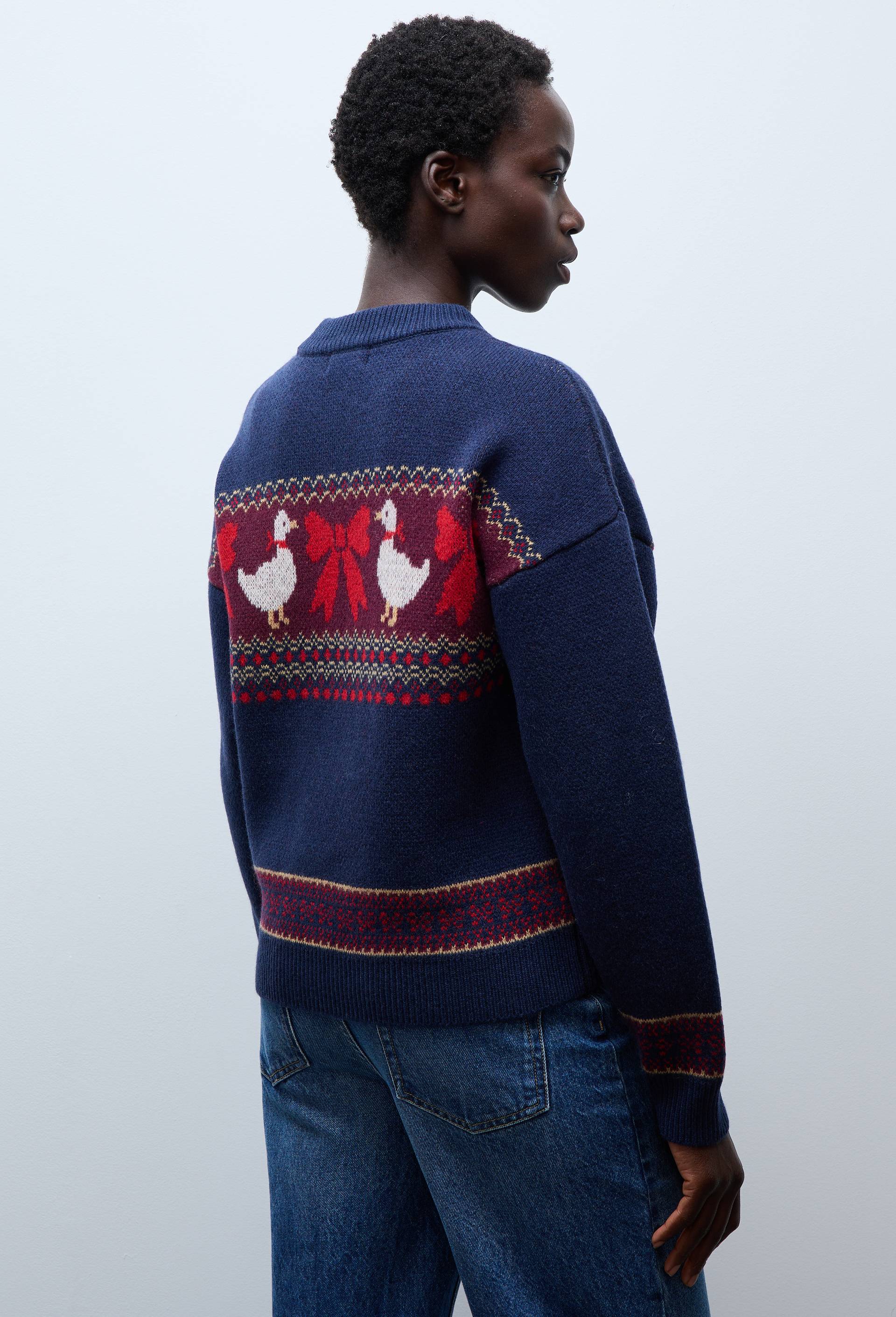 Pull manches longues en jacquard en laine, Bleu fonc&eacute;, large image number 1