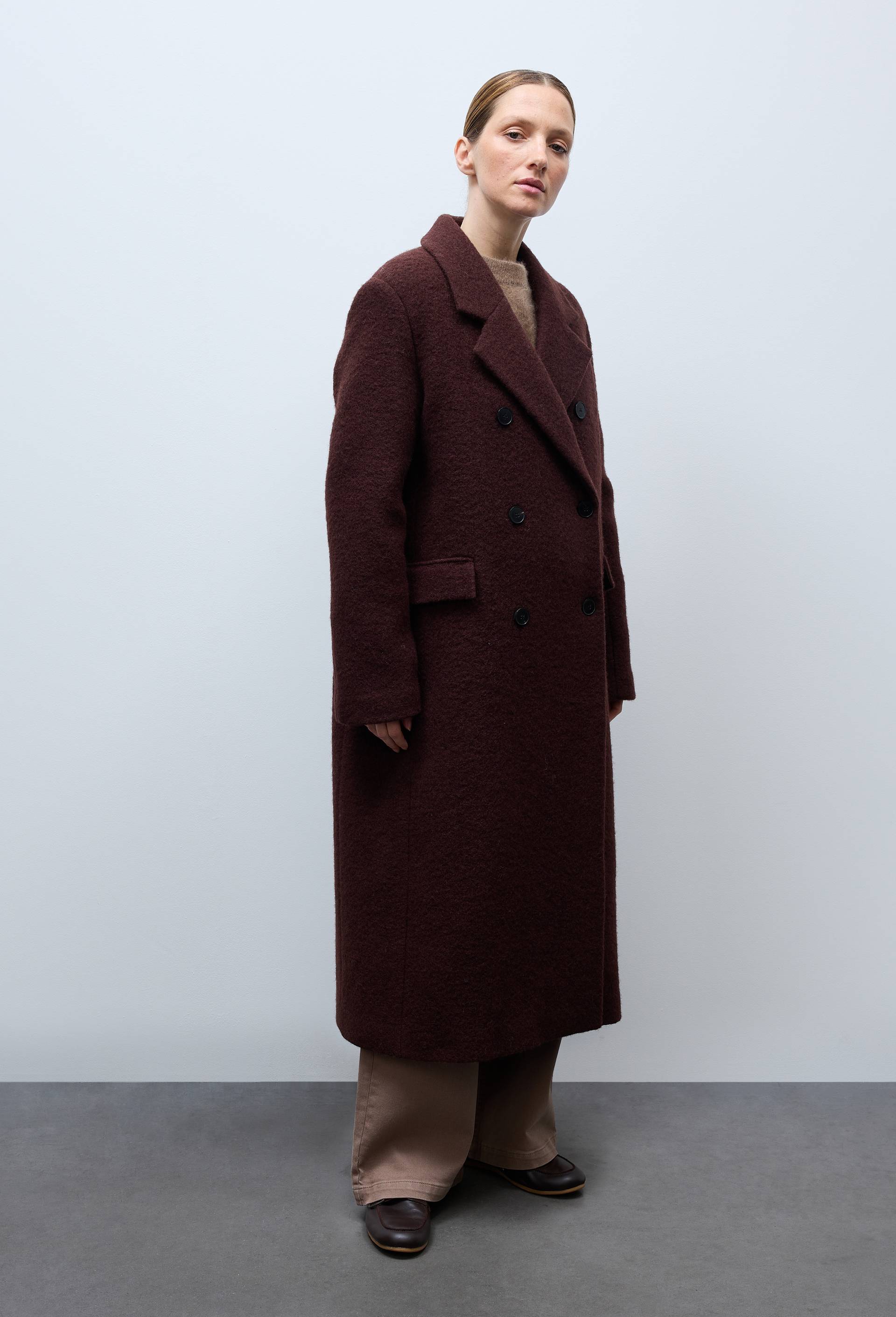 Manteau uni double boutonnage contenant de la laine, Brun, large image number 1