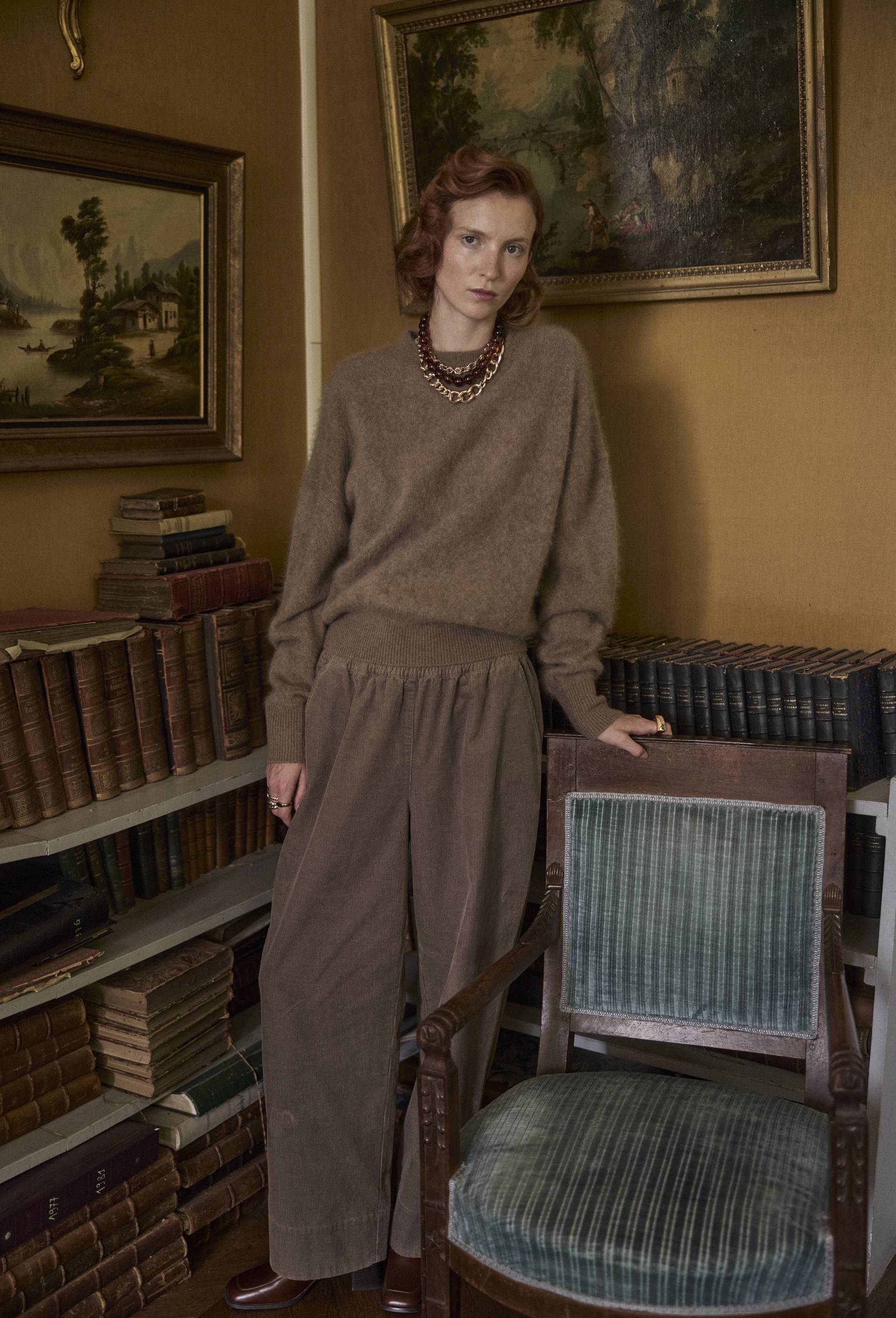 Pantalon large en velours taille &eacute;lastiqu&eacute;e, Brun, swatch image