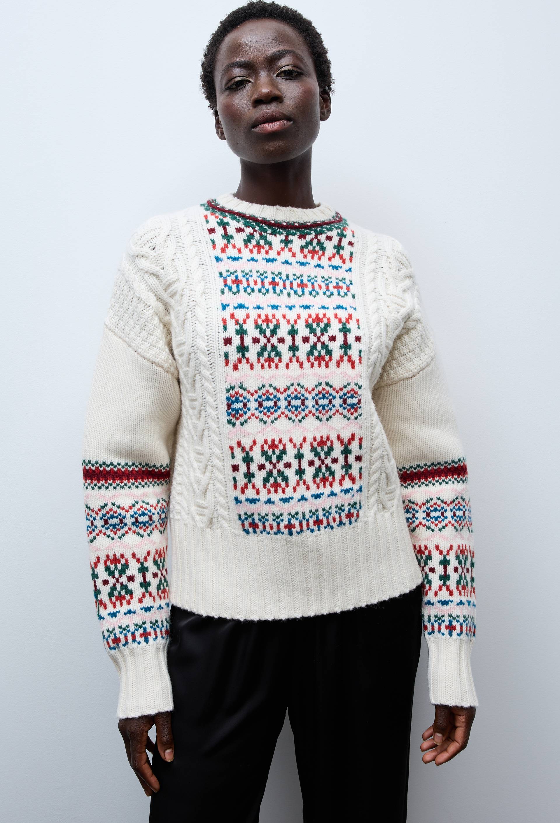 Pull manches longues en jacquard en laine, Ecru, large image number 1