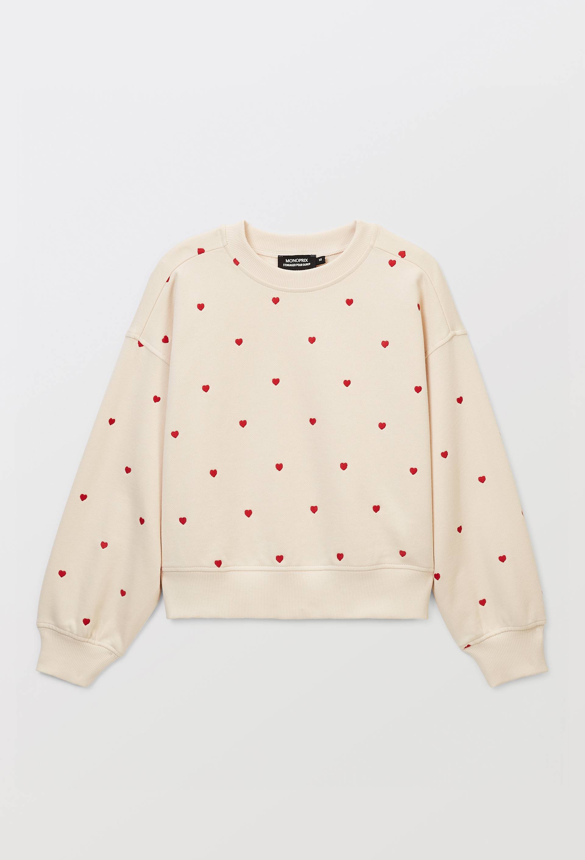 Sweat brod&eacute; coeurs contenant du coton BIO, Beige clair, large image number 1