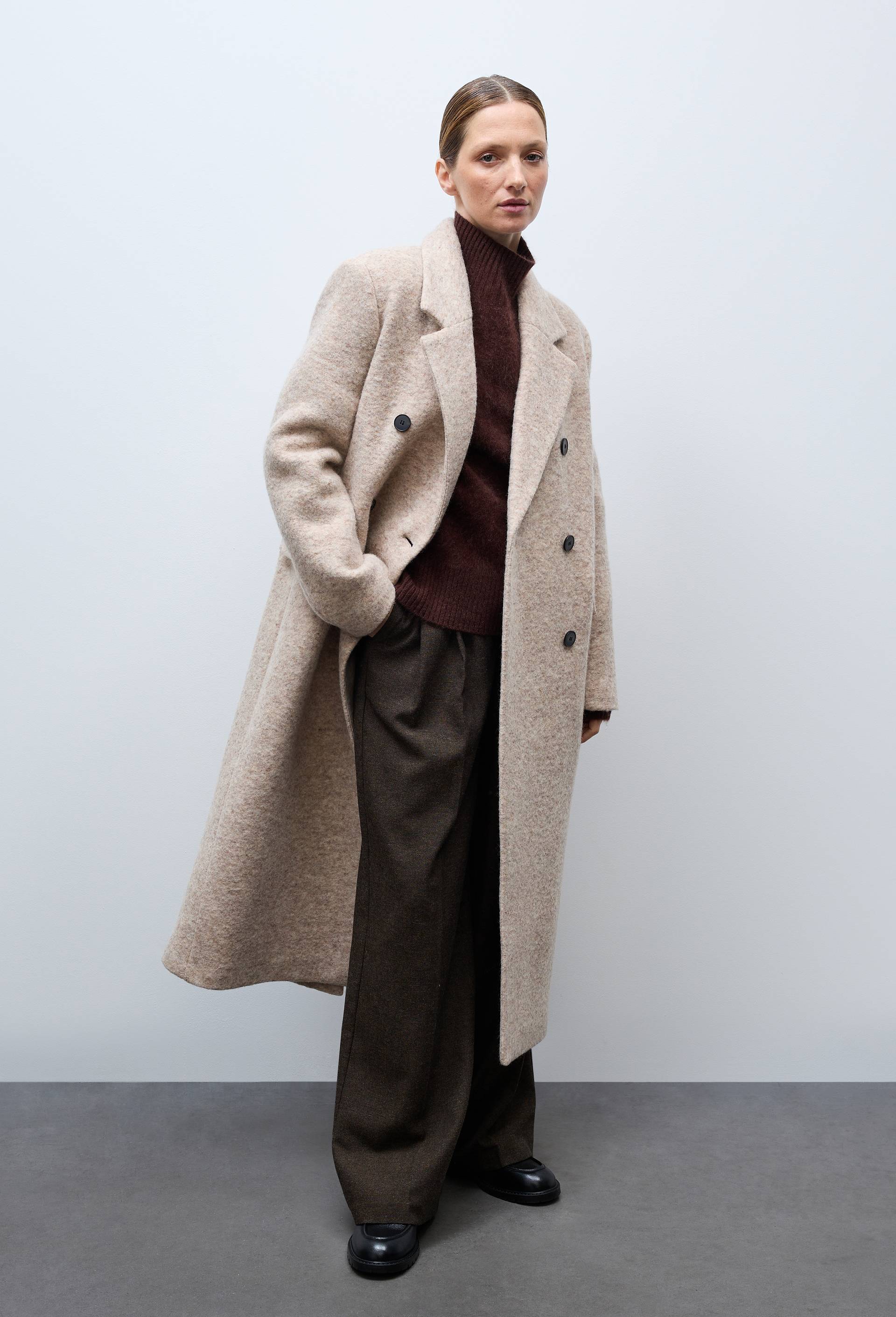 Manteau uni double boutonnage contenant de la laine, Beige clair, large image number 0