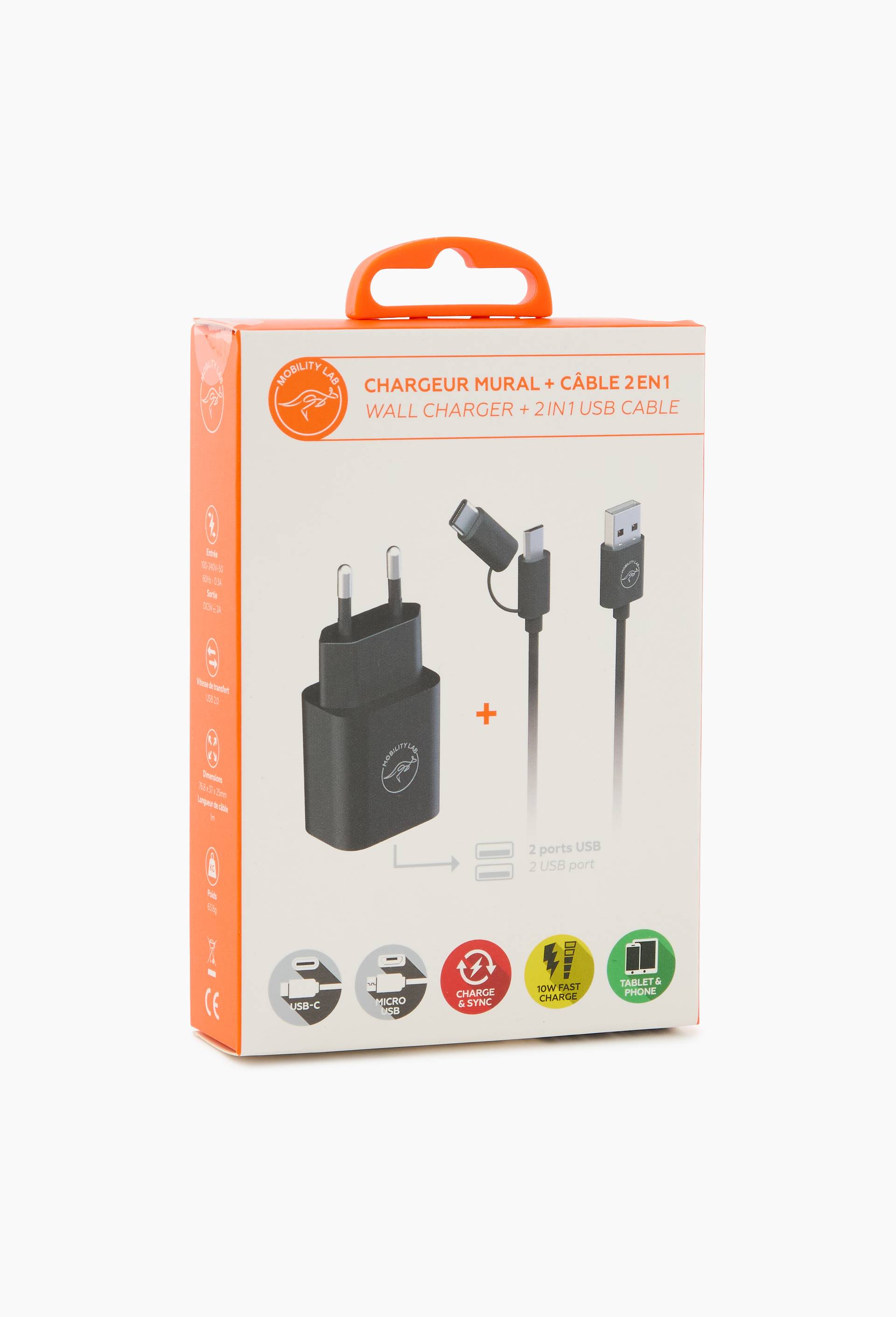 Chargeur, avec c&acirc;ble 2 en 1 micro USB et USBC, , large image number 0.0