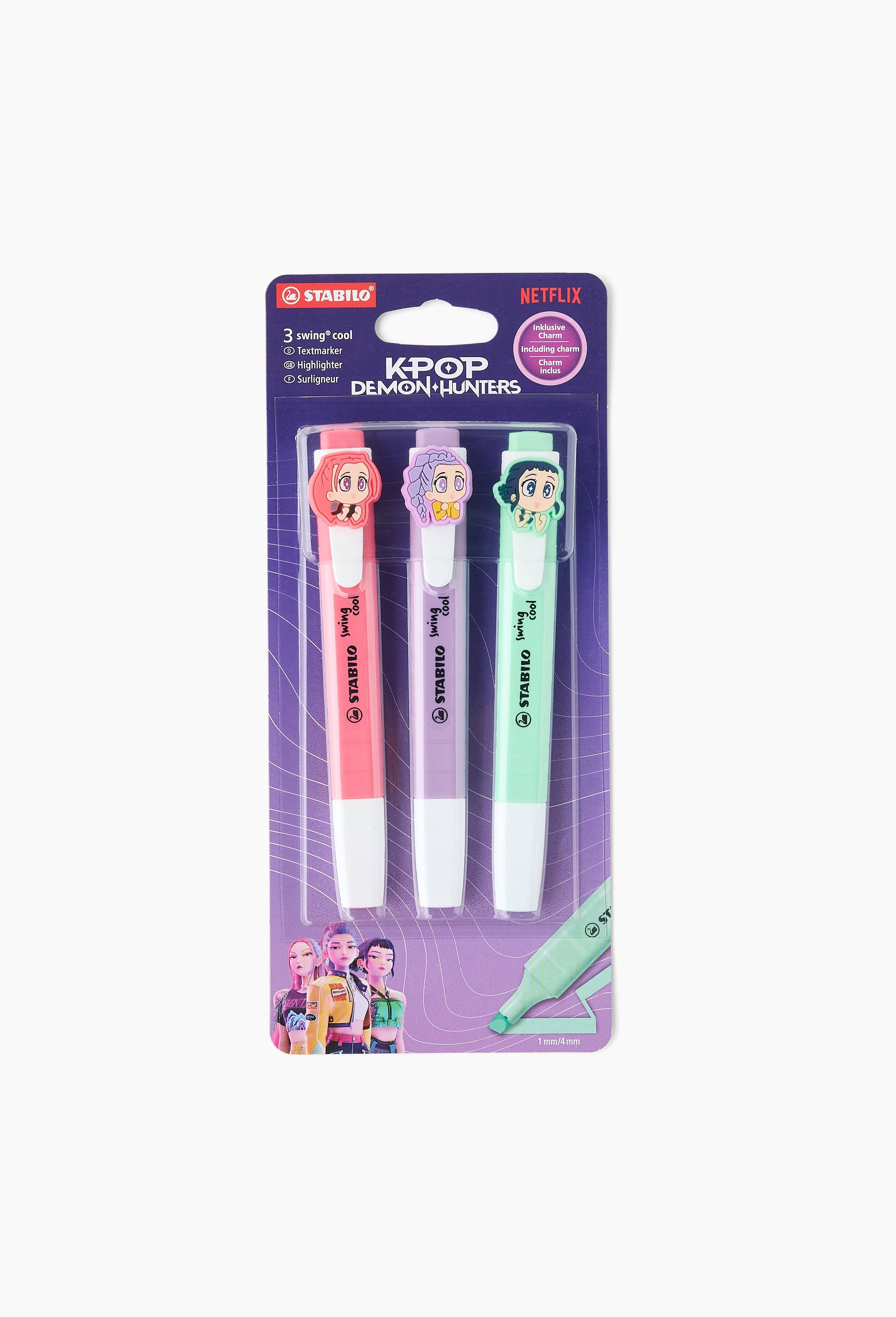 3 surligneurs swing cool K-Pop Demon Hunters avec clips charms vert + rose + violet, , large image number 1
