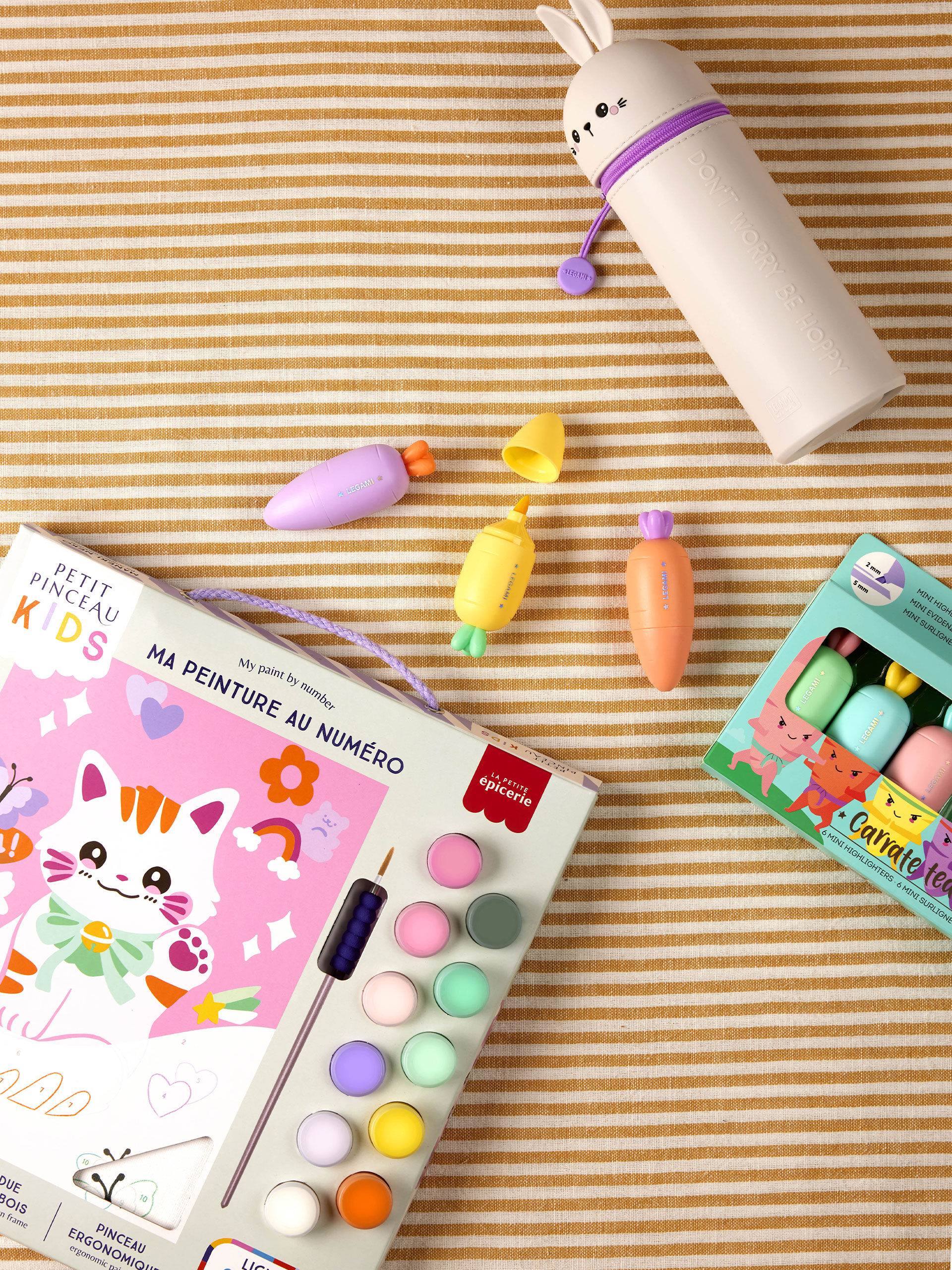 Trousse lapin, feutres carottes, peinture de chat